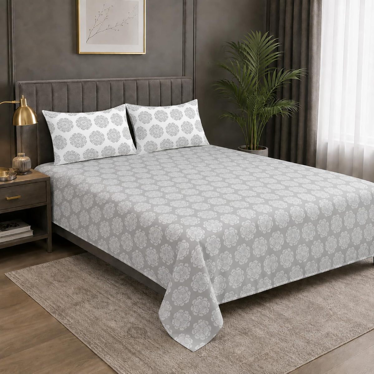 Double Bedsheet with 2 Pillow Covers Premium 240 TC 100% Cotton Feel (King Size Grey 108x108inch )