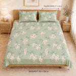 Double Bedsheet with 2 Pillow Covers 220 TC 100% Cotton Feel ( King Size Green & White 90x100inch )