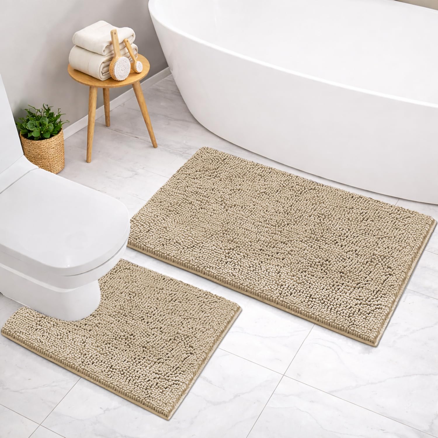Microfibre Chenille Contour Bath Mat Set Pack of 2 (Beige 45x75cm & 47x47cm)