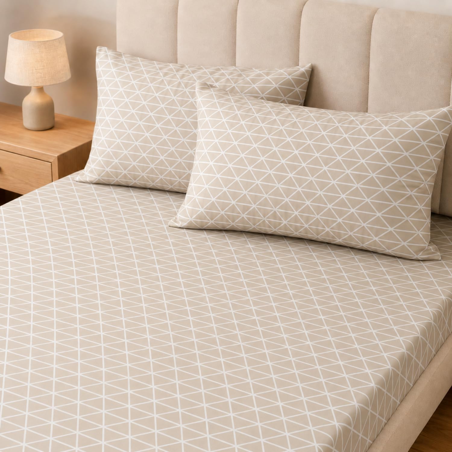 Double Bedsheet with 2 Pillow Covers 220 TC 100% Cotton Feel King Size ( Beige 90x100 inch )