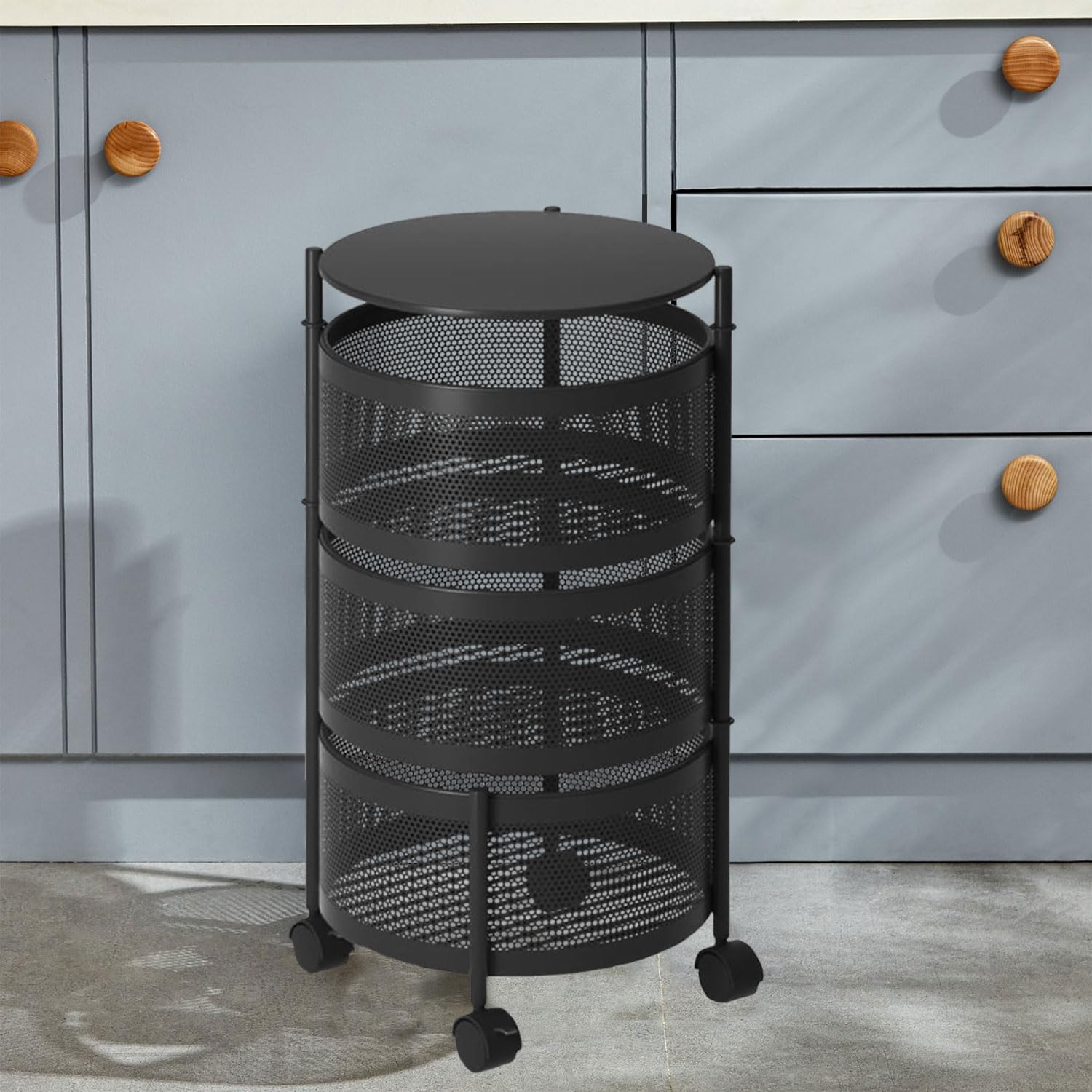 3-Tier Revolving Kitchen Trolley with Wheels (Black 32x32x60)