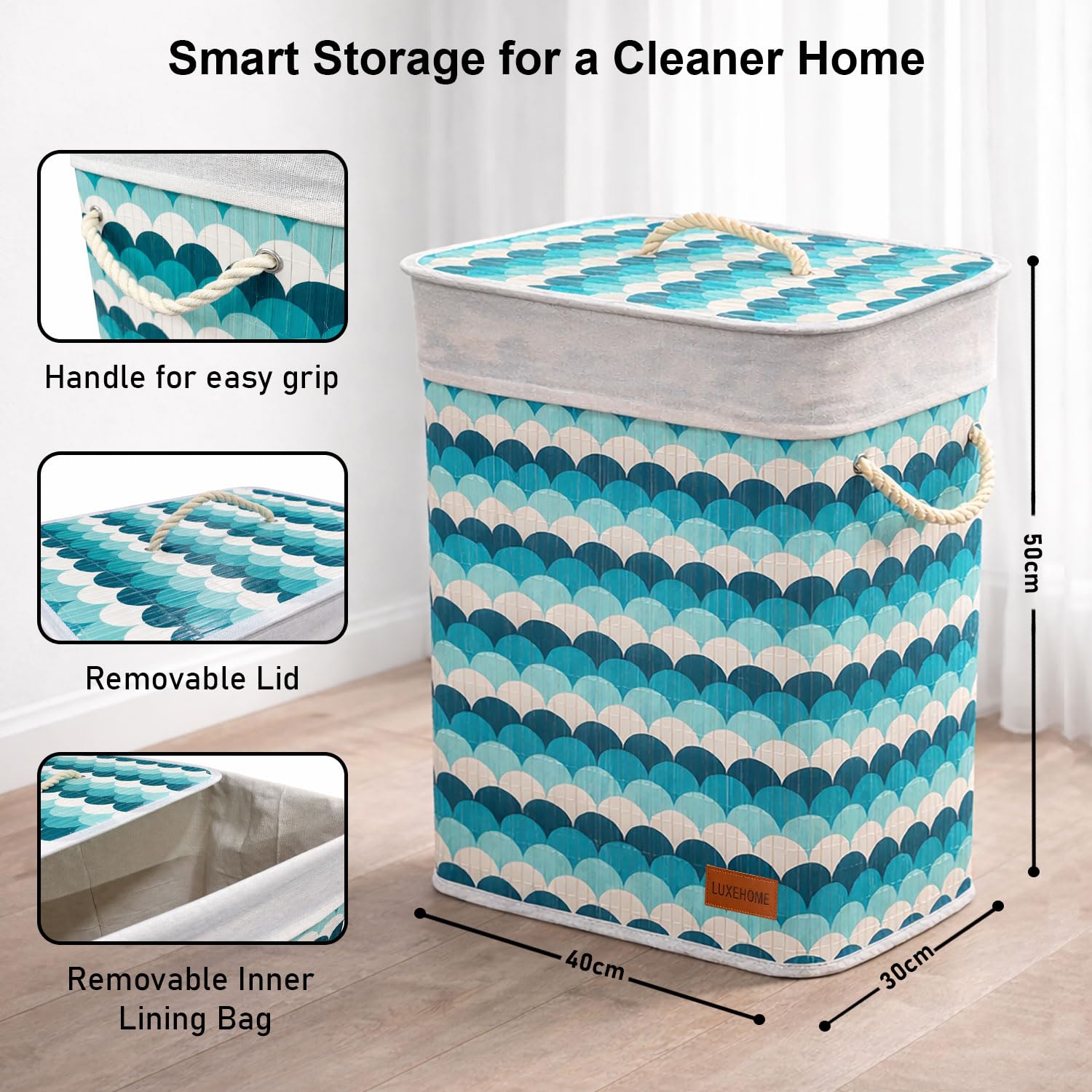 Rectangle Bamboo Laundry Basket (Blue, 40x30x50 cm)