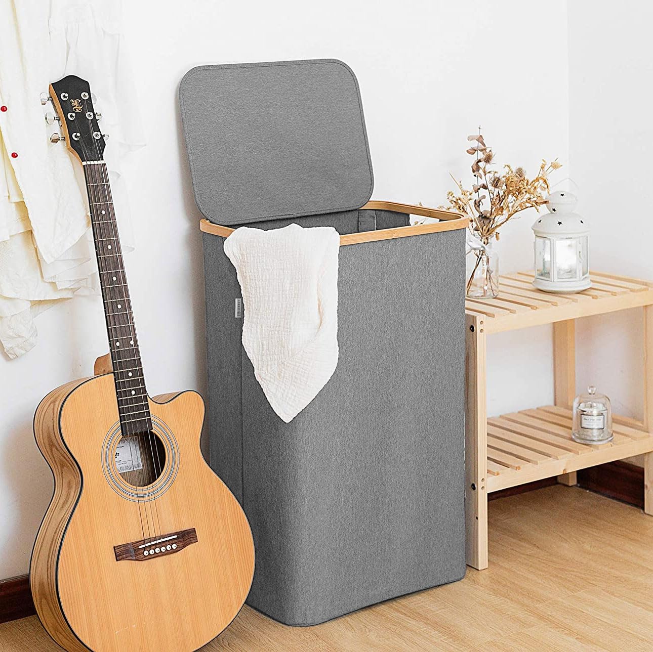 Tall Laundry Hamper with Bamboo Frame  (40L x 30W x 60H cm ,Grey)