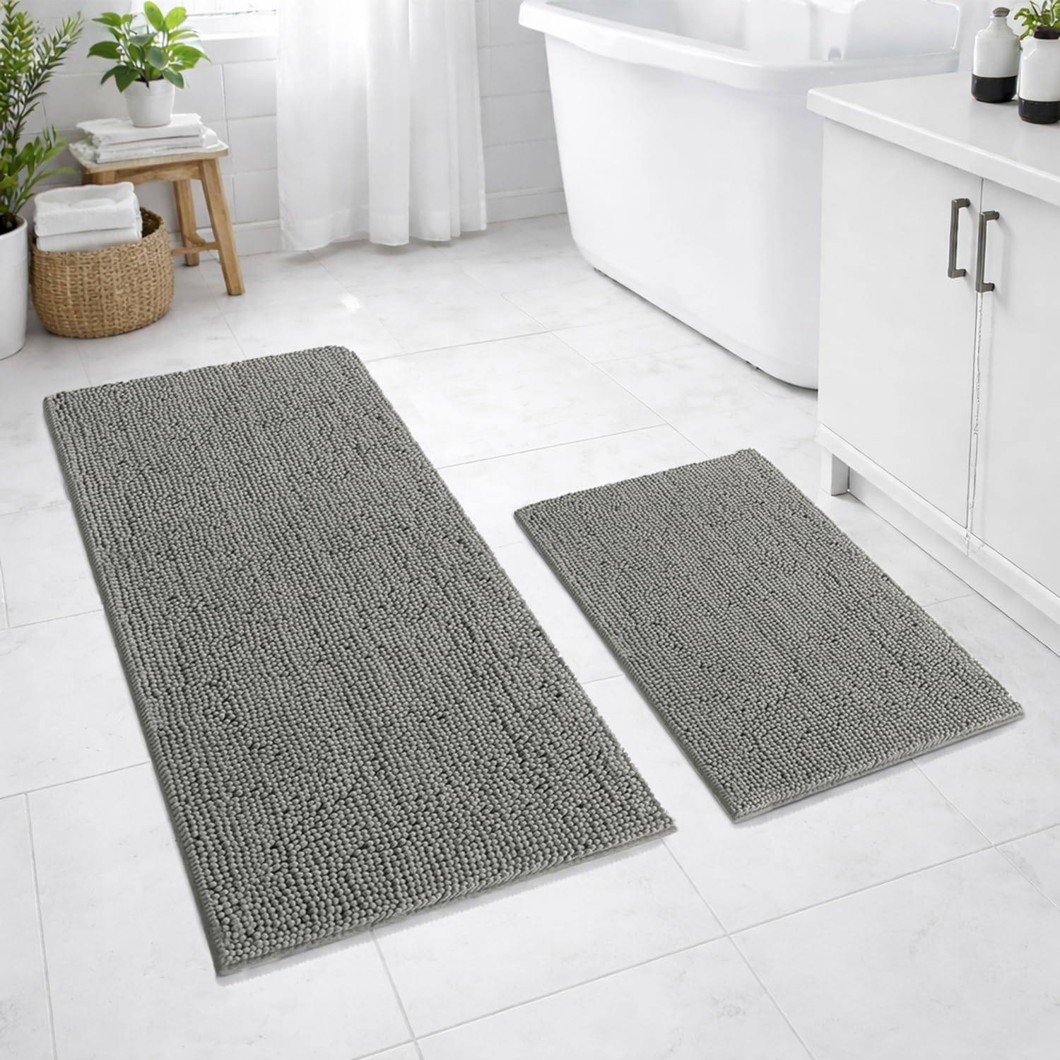Chenille Microfiber Bath Mats Pack of 2 (45x75cm 60x120cm Grey)