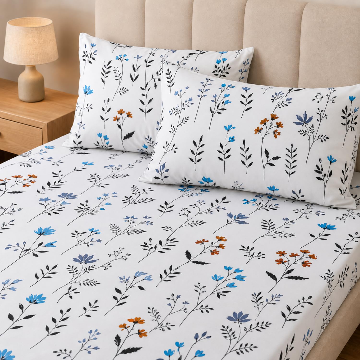 Double Bedsheet with 2 Pillow Covers 220 TC 100% Cotton Feel ( King Size Blue&White 90x100inch )