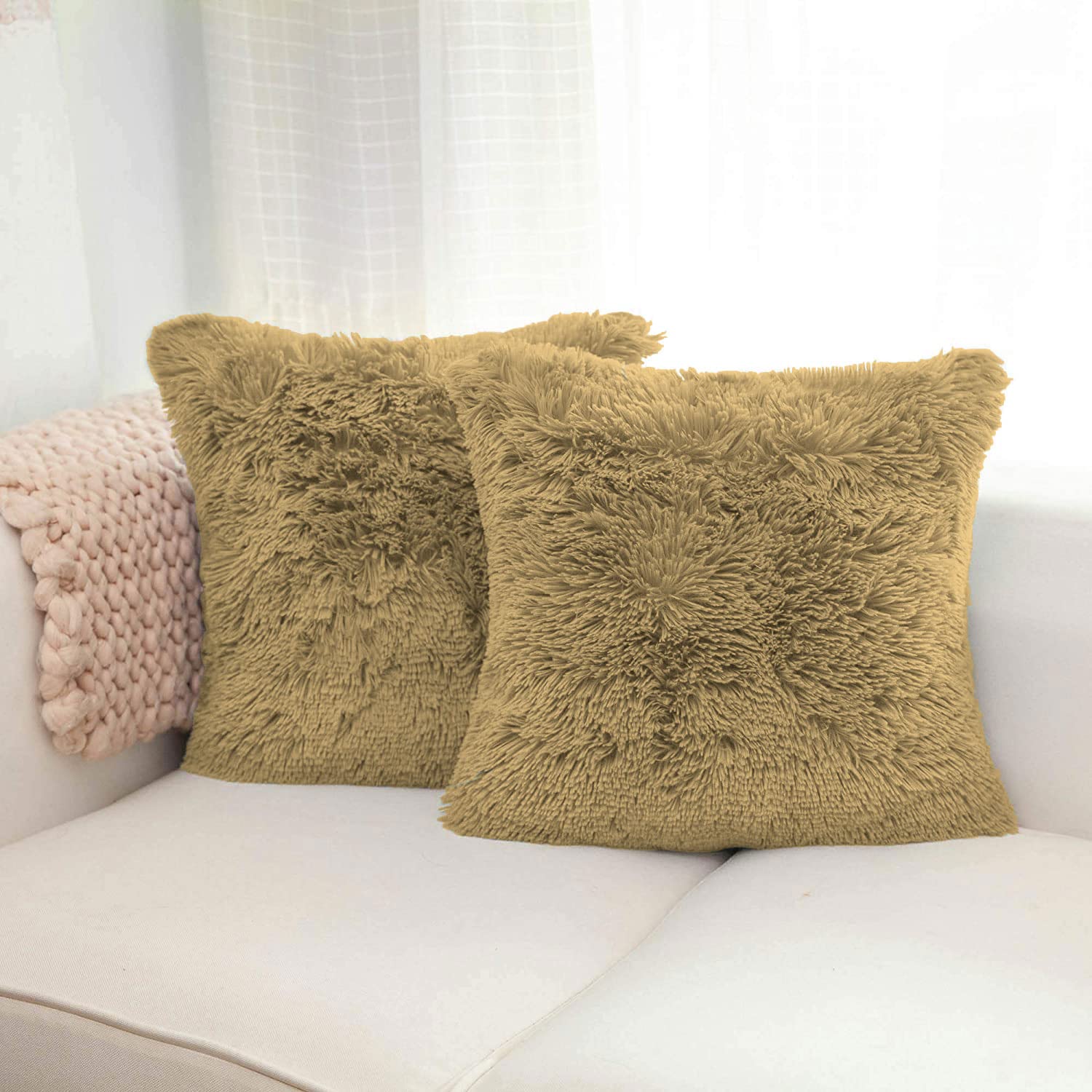 Shaggy Throw Pillow Covers Pack of 2 (16x16 Inches, Anti-Gold)