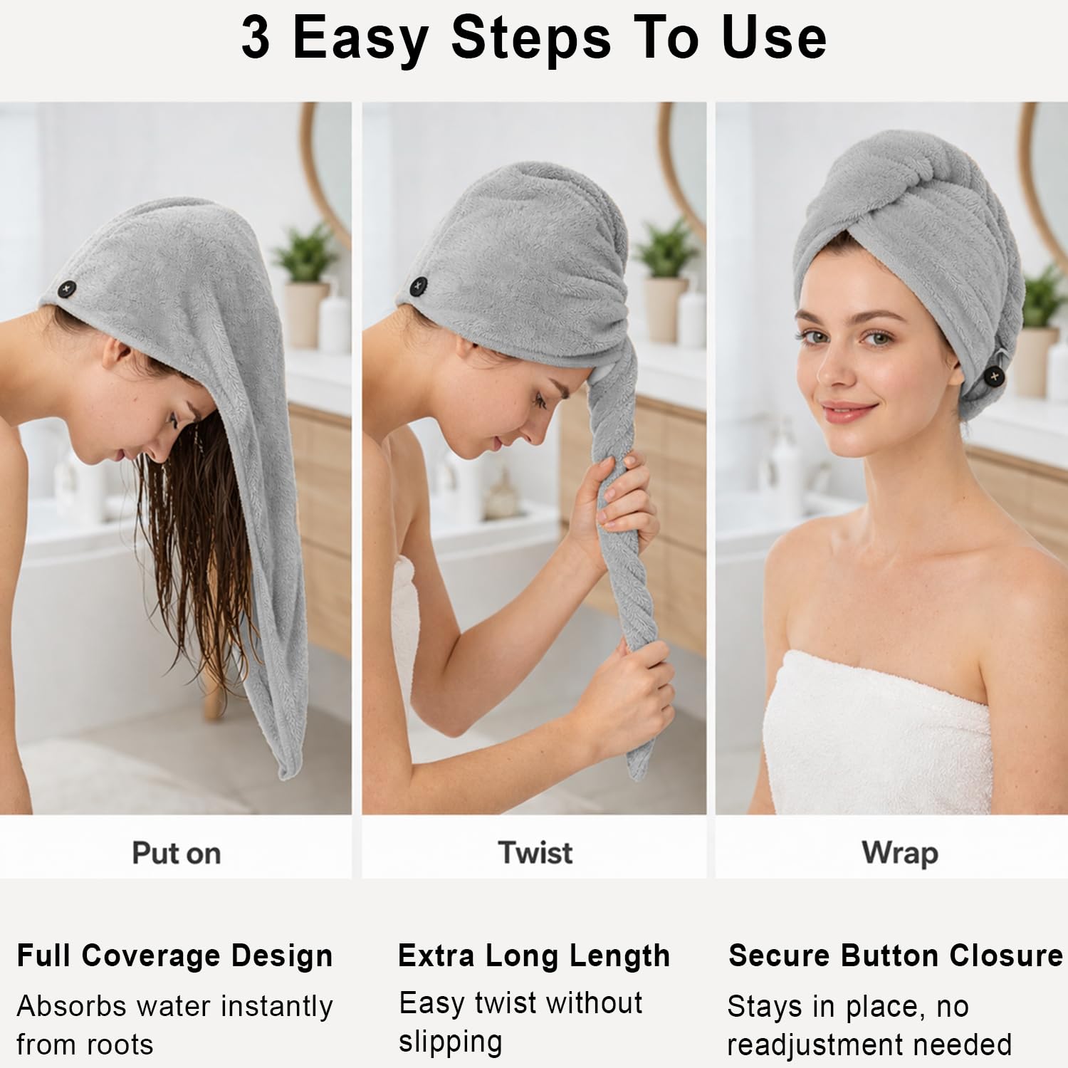 Microfibre Hair Towel Wrap for Women and Men ( 23x63.5 cm, Silver )