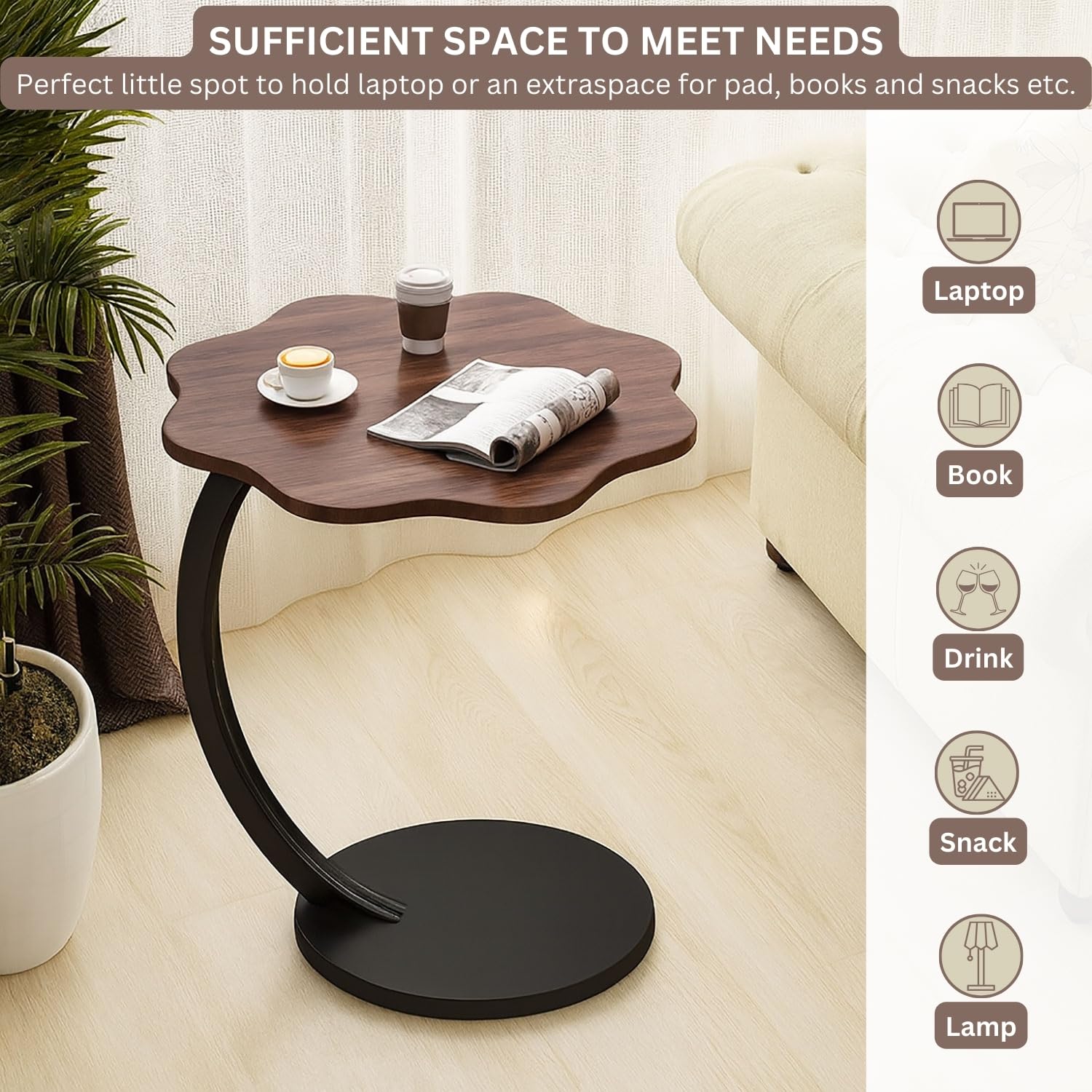 Multi-Purpose Side Table for Living Room, Bedroom & Office – Wooden Top End Table with Storage Shelf, Modern Corner Piece, Black Metal Frame (40x40x60 cm)