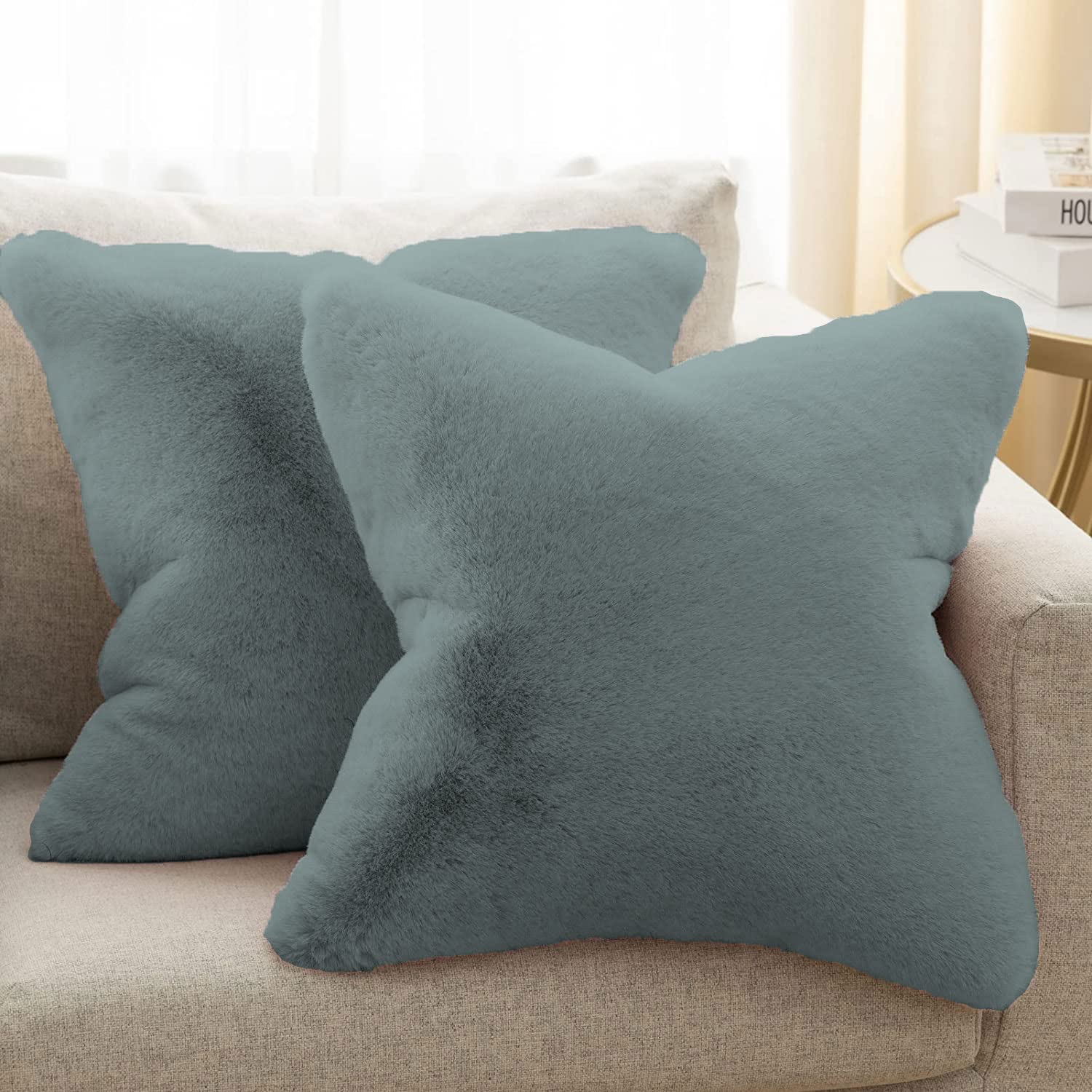 Cushion Cover One Side Rabbit Fur Pack of 2 (16 x 16 inch,Seige)