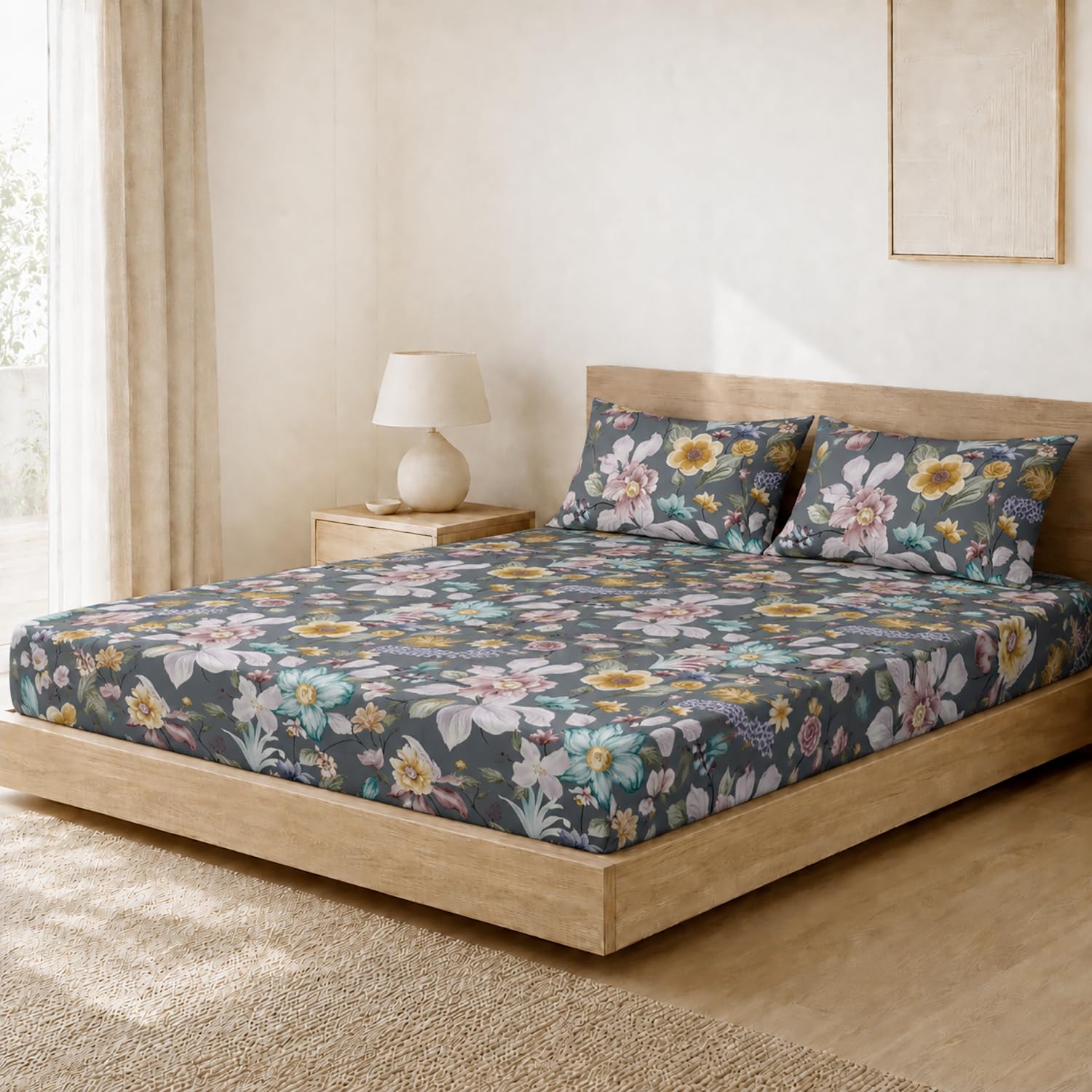 Double Bedsheet with 2 Pillow Covers Premium 240 TC 100% Cotton Feel ( King Size Charcoal 108x108 inch )