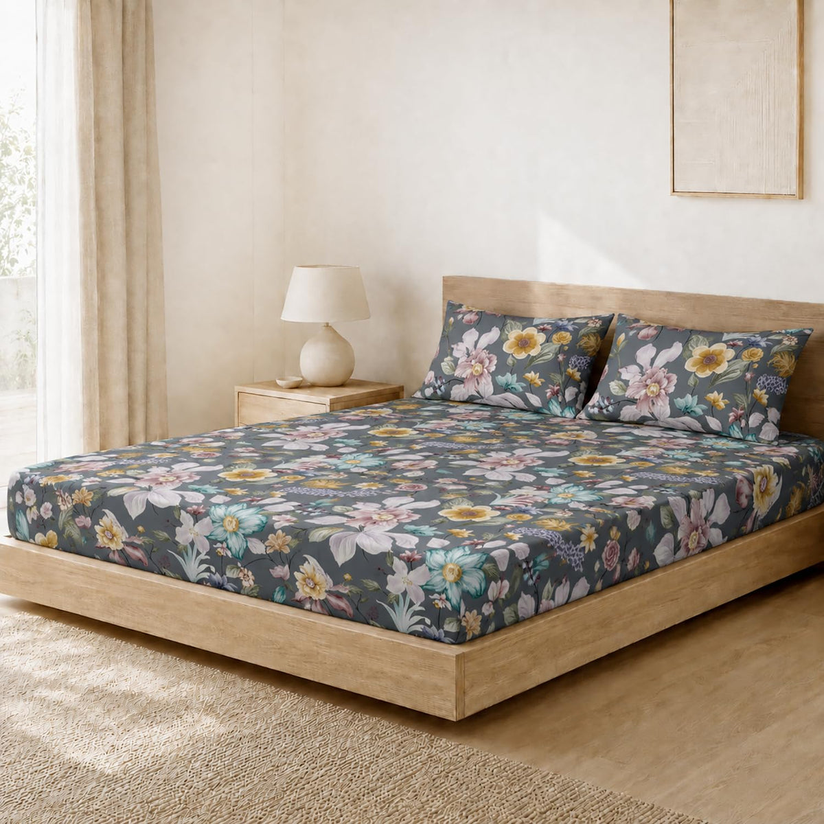 King Size Double Bedsheet with 2 Pillow Covers Premium Floral Bloom Printed Charcoal 108x108 inch