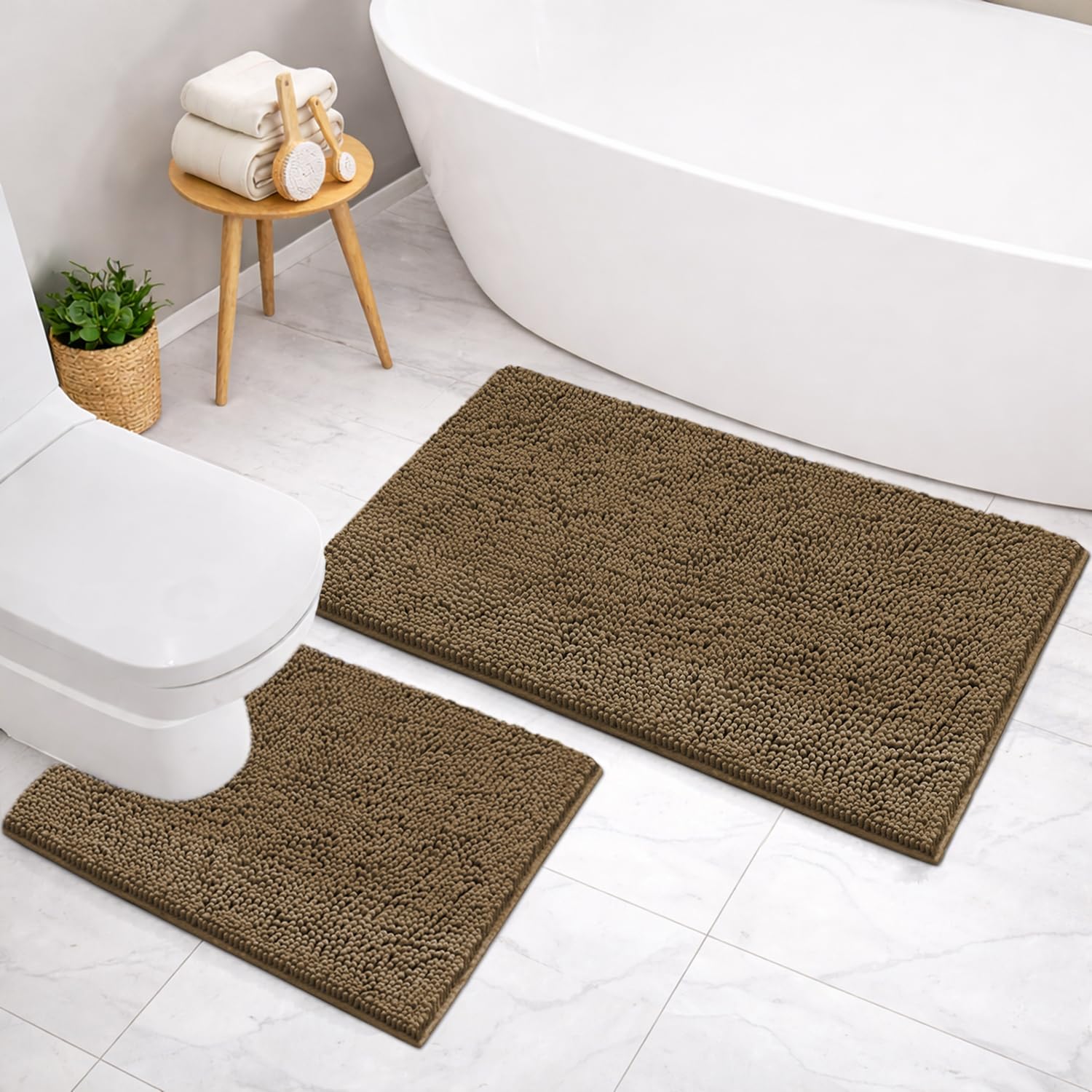 Microfibre Chenille Contour Bath Mat Set Pack of 2 (Chocolate  45x75cm & 47x47cm)