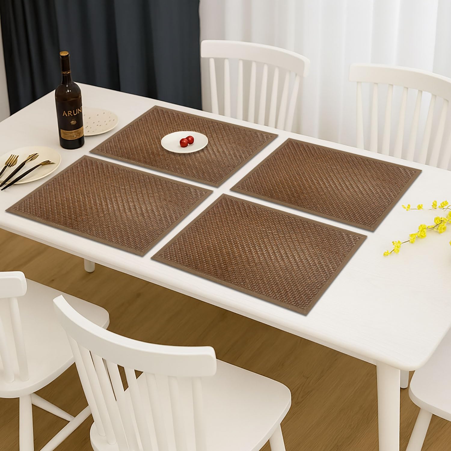 Luxe Home International PVC Vinyl Basket Design Placemat STBT001 – Heat Resistant, Wipe Clean, Anti-Skid Table Mats for Dining Table, Kitchen & Home Decor (30x45 CM Brown Set of 4)