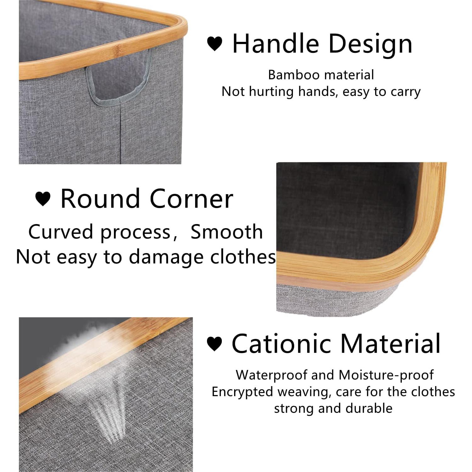 Tall Laundry Hamper with Bamboo Frame  (40L x 30W x 60H cm ,Grey)