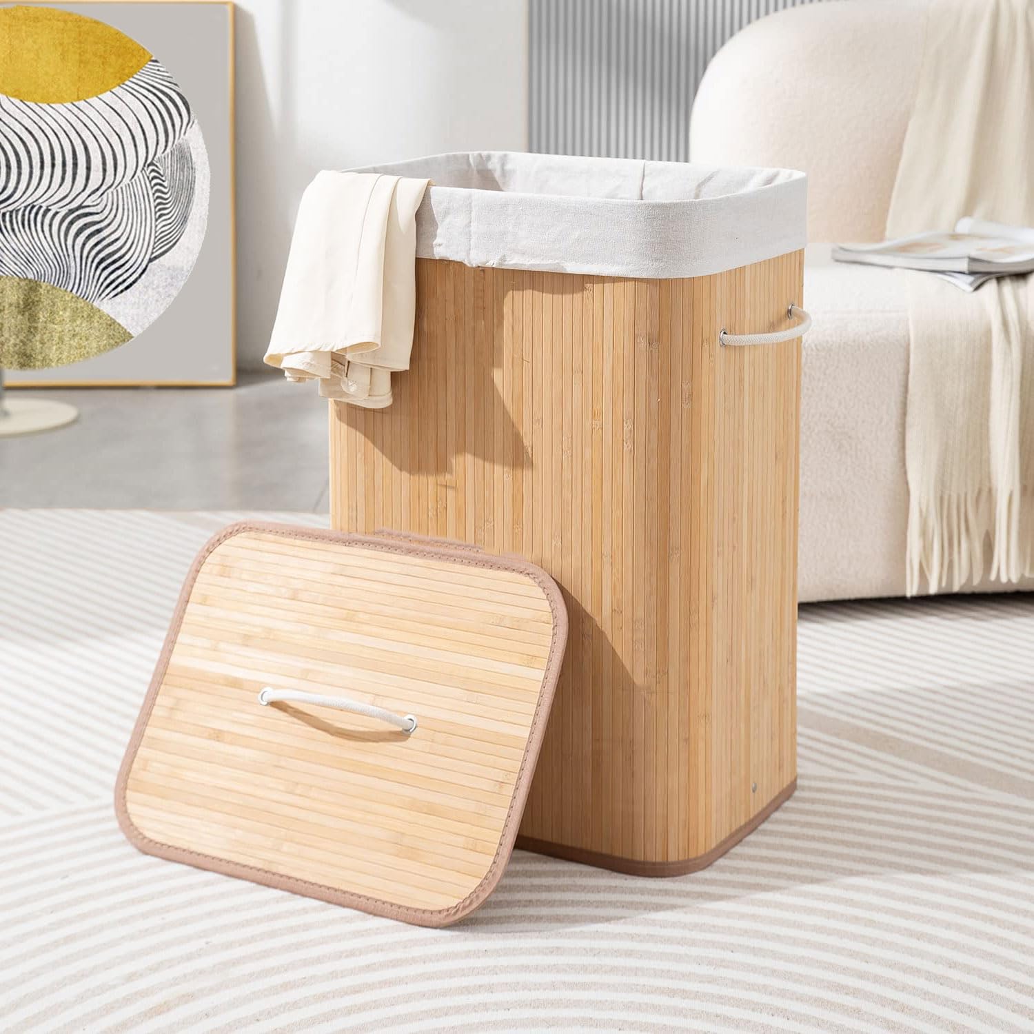 Stripe Bamboo Laundry Basket with Lid (Natural, 40x30x60 cm)