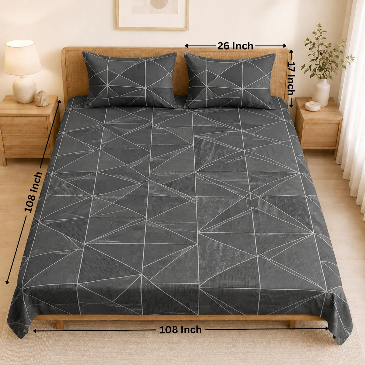 Double Bedsheet with 2 Pillow Covers Premium 240 TC 100% Cotton Feel ( King Size Grey Color 108x108 inch )
