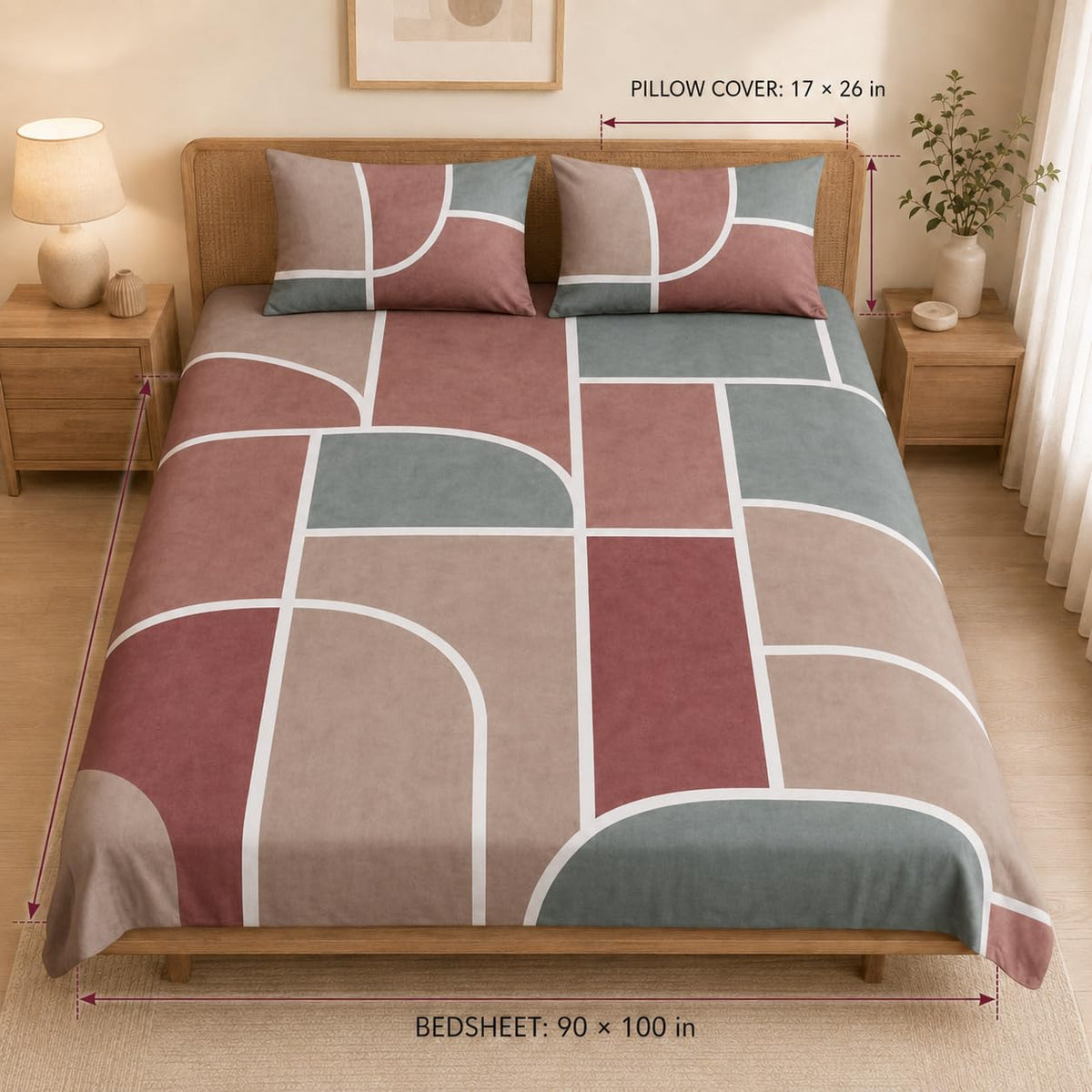 King Size Double Bedsheet with 2 Pillow Covers Premium Modern Abstract Printed  90x100 inch