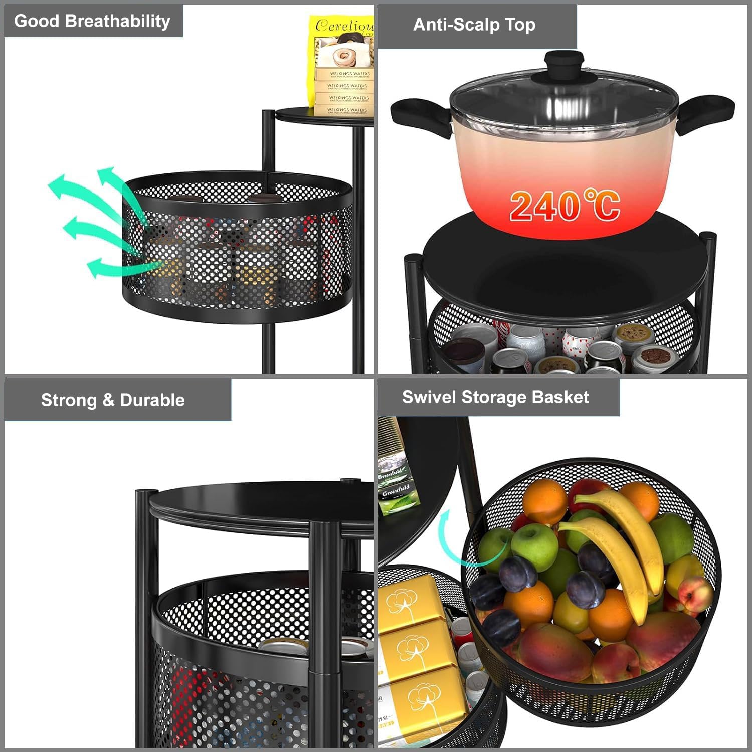 4-Tier Revolving Kitchen Trolley with Wheels (Black 32x32x75)
