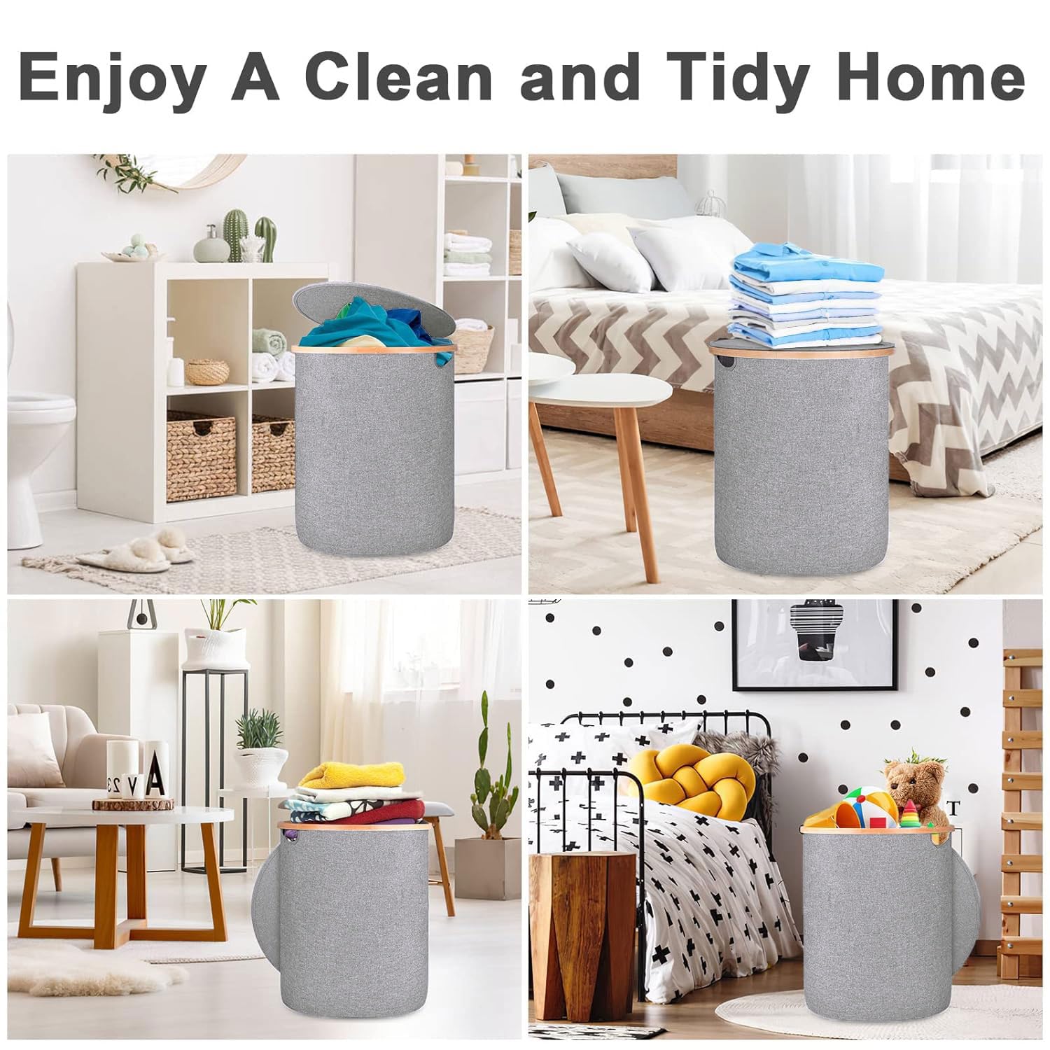 Large Round Fabric Storage Basket with Bamboo Handles (45L x 45W x 50H cm ,Grey )