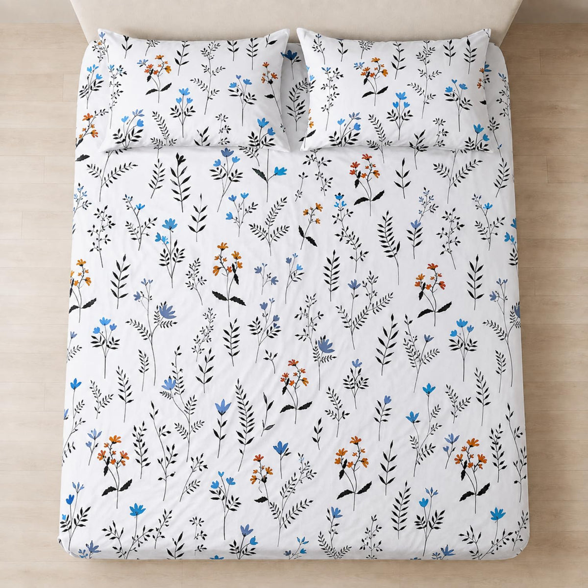 Double Bedsheet with 2 Pillow Covers 220 TC 100% Cotton Feel ( King Size Blue&White 90x100inch )