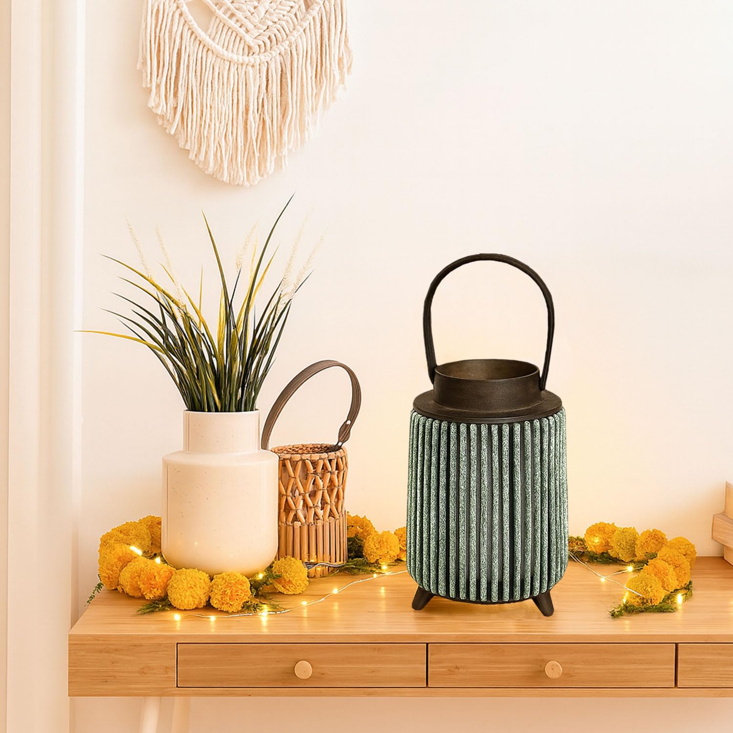 Bamboo Woven Lantern With Handle ( 26x17x17 cm ) Seige