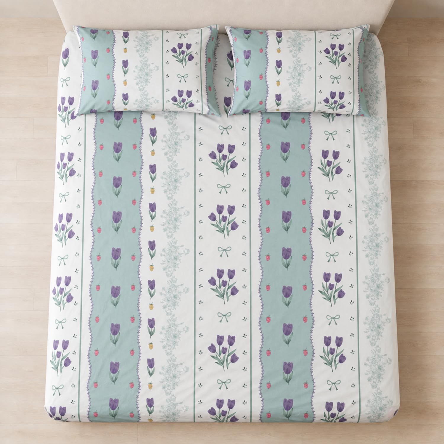 King Size Double Bedsheet with 2 Pillow Covers  Premium Mint Tulip Stripe Printed  90x100 inch