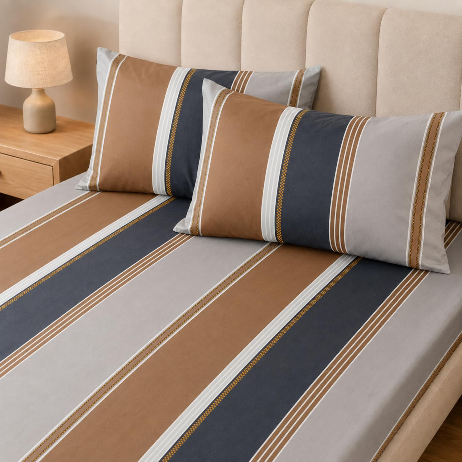 Double Bedsheet with 2 Pillow Covers 220 TC 100% Cotton Feel ( King Size Taupe 90x100inch )