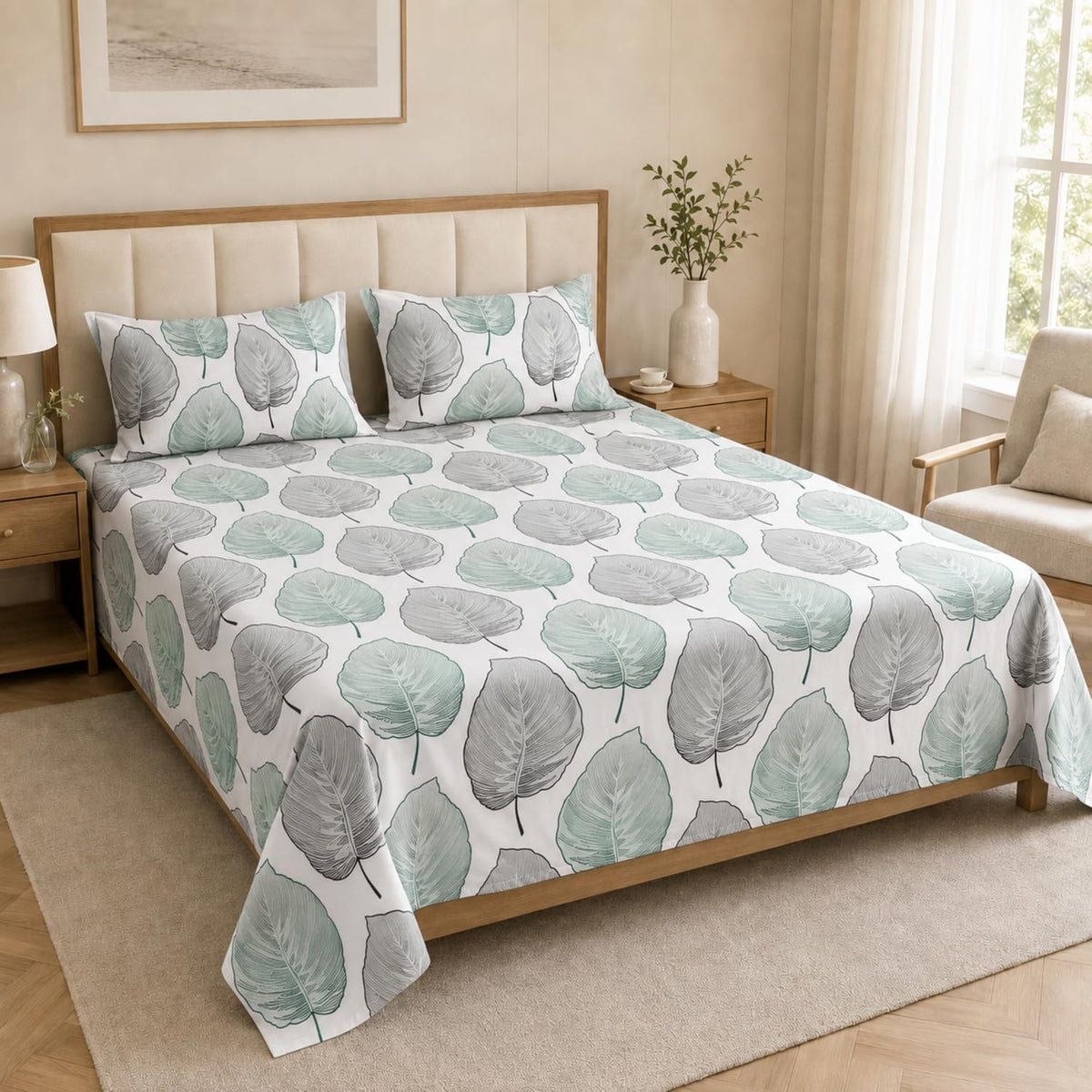 Double Bedsheet with 2 Pillow Covers 220 TC 100% Cotton Feel ( King Size Teal&Grey 90x100inch )