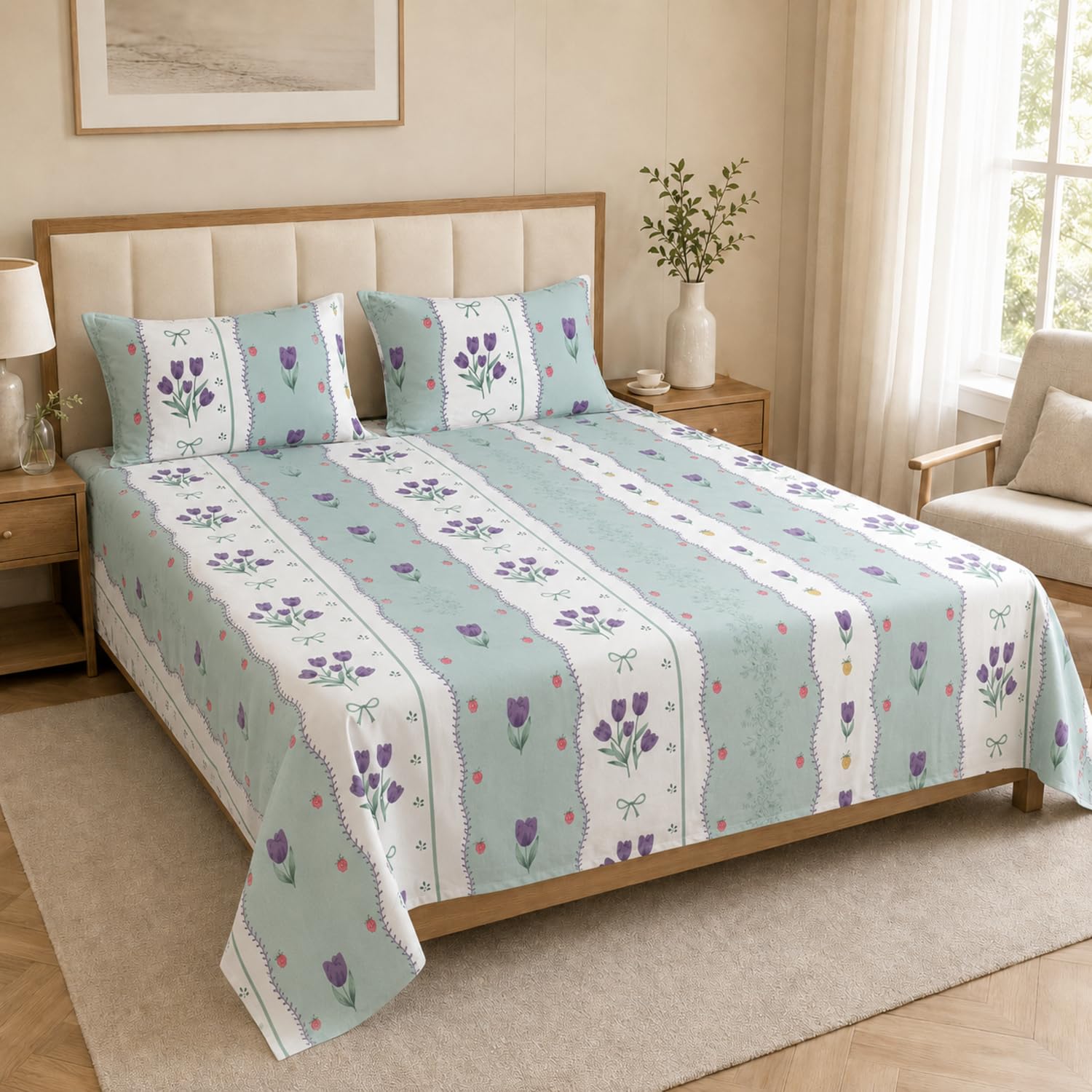 King Size Double Bedsheet with 2 Pillow Covers  Premium Mint Tulip Stripe Printed  90x100 inch