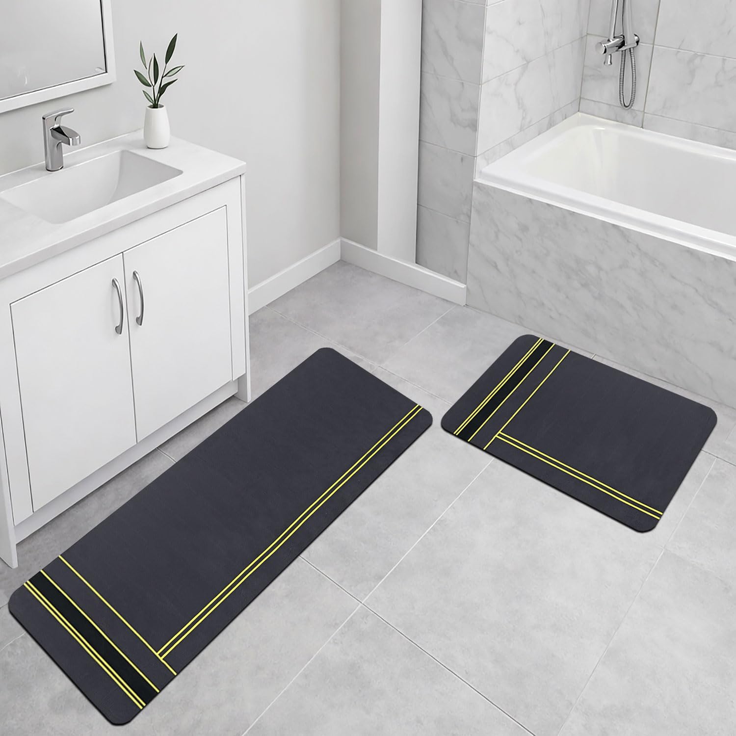 Kitchen Mat Combo Stripe Design (116x36 & 58x36 cm Grey)