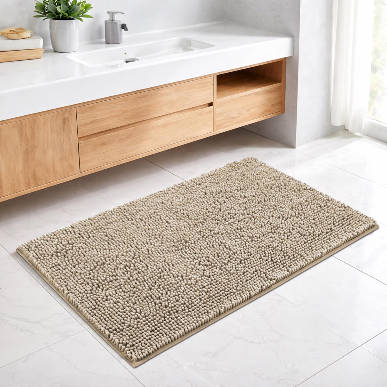 Shaggy Chenille Bath Mat Extra Soft  (45x75 cm Beige)