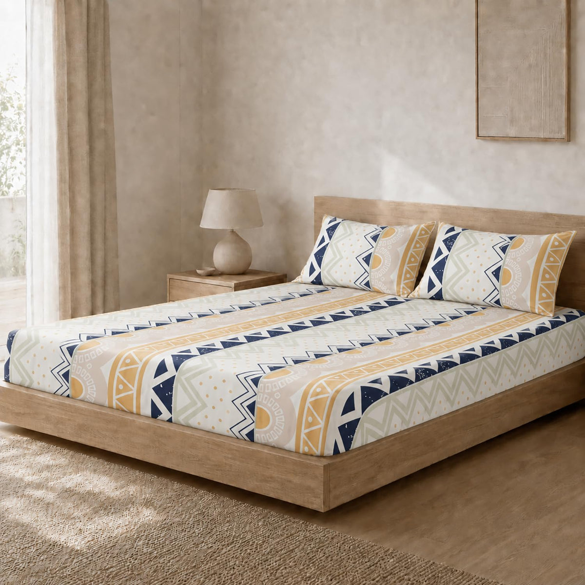 Double Bedsheet with 2 Pillow Covers 220 TC 100% Cotton Feel ( King Size Navy & Mustard 90x100inch )