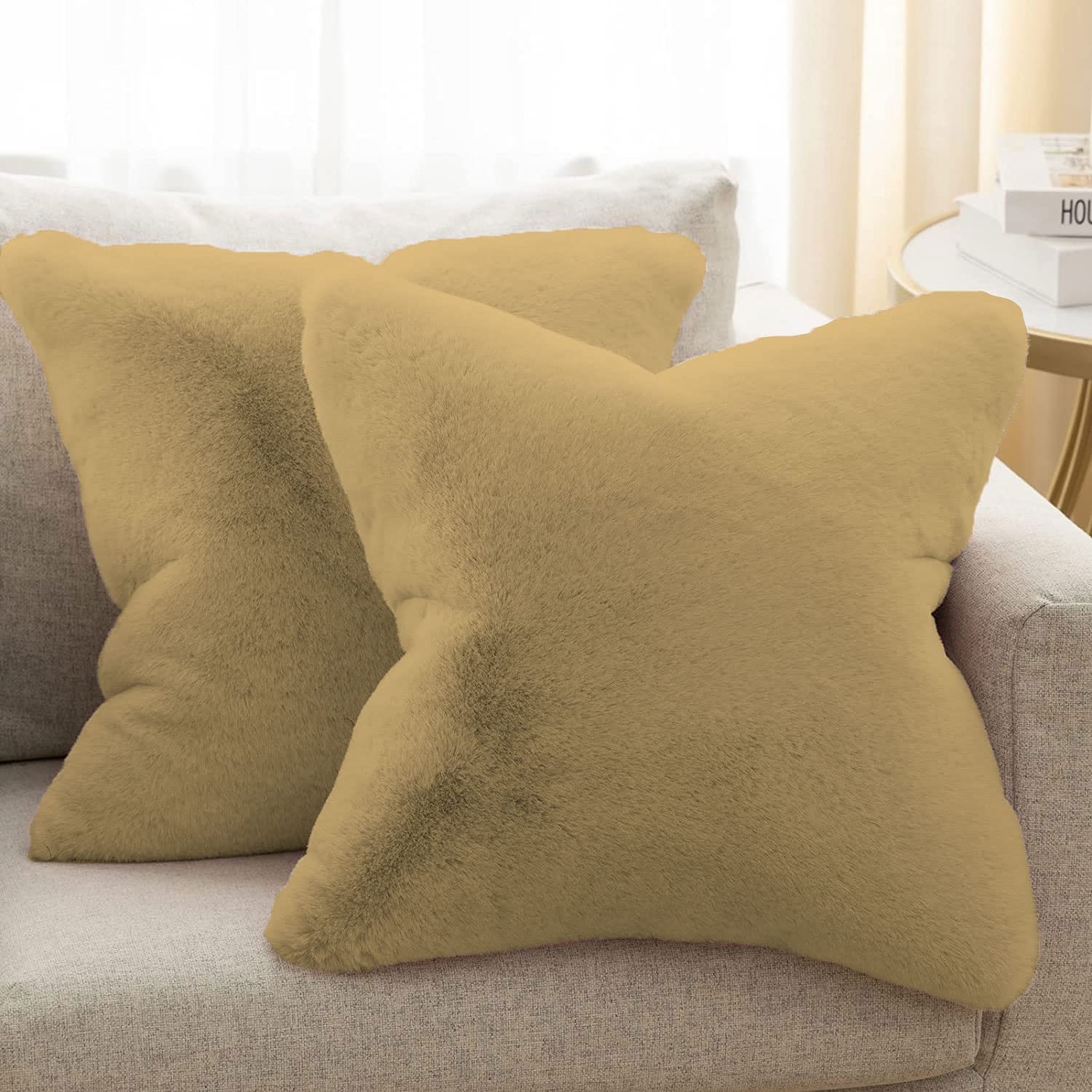 Cushion Cover One Side Rabbit Fur Pack of 2 (16 x 16 inch,Anti-Gold)