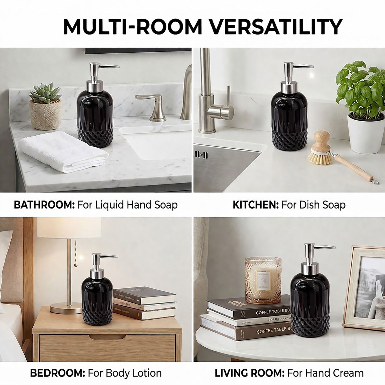 Diamond Cut Pattern Glass Soap Dispenser For Bathroom And Kitchen Sink ( 19.5x8 cm Black )