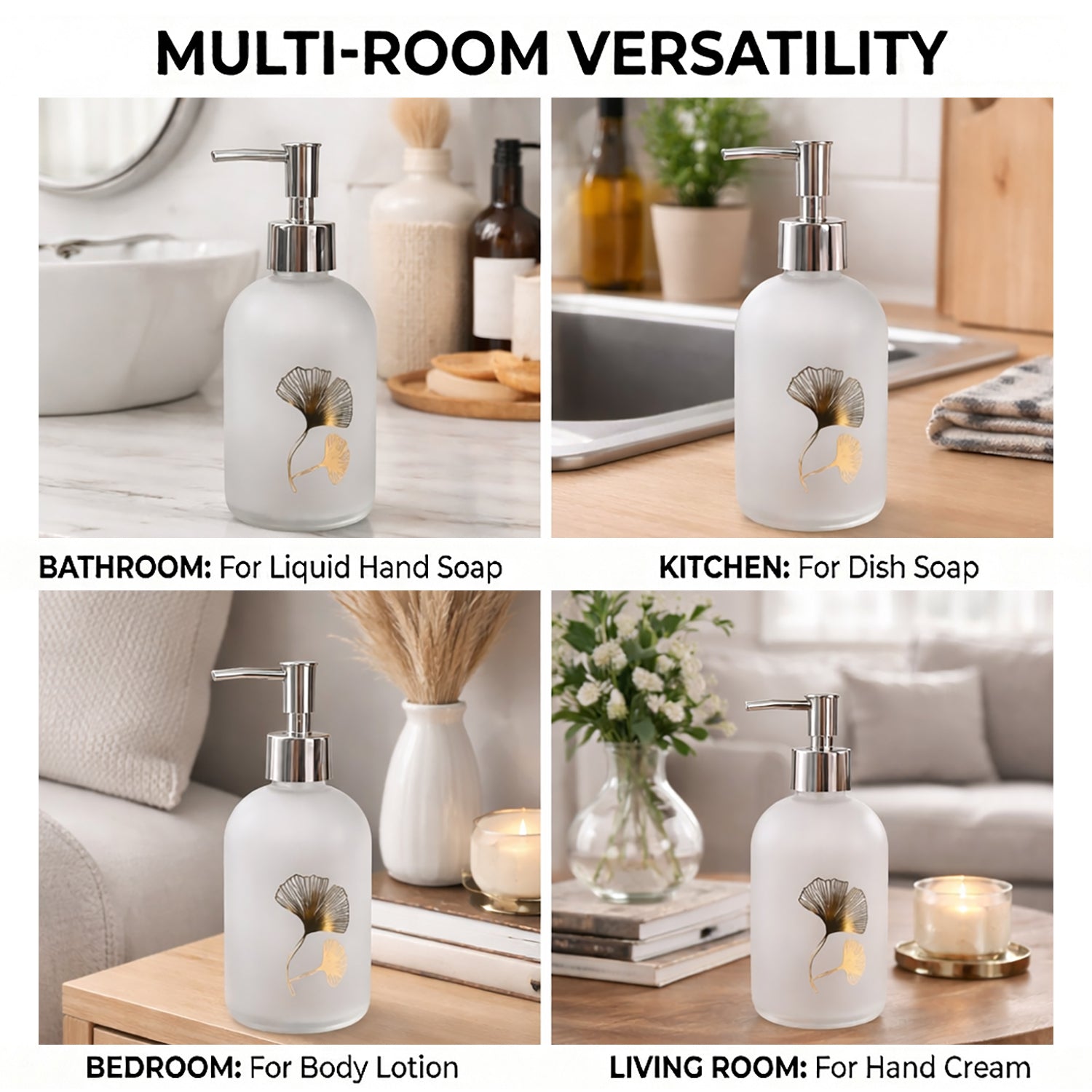 Flower Print Glass Soap Dispenser For Bathroom And Kitchen Sink ( 19.5x7.5 cm White )