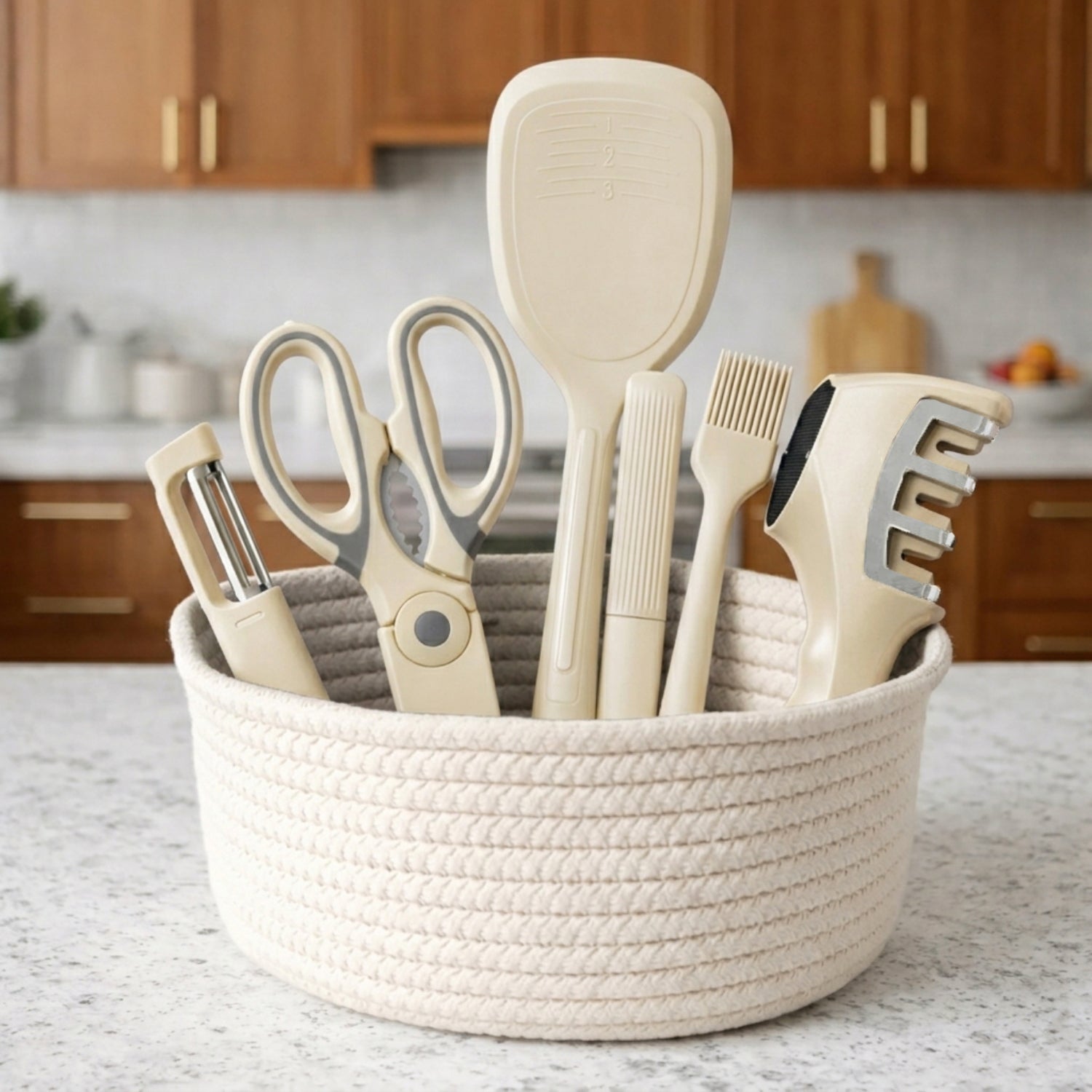 Kitchen Tool Set Plastic Non-Stick Cooking Utensils For Kitchen ( Cream Solid Pack Of 6)