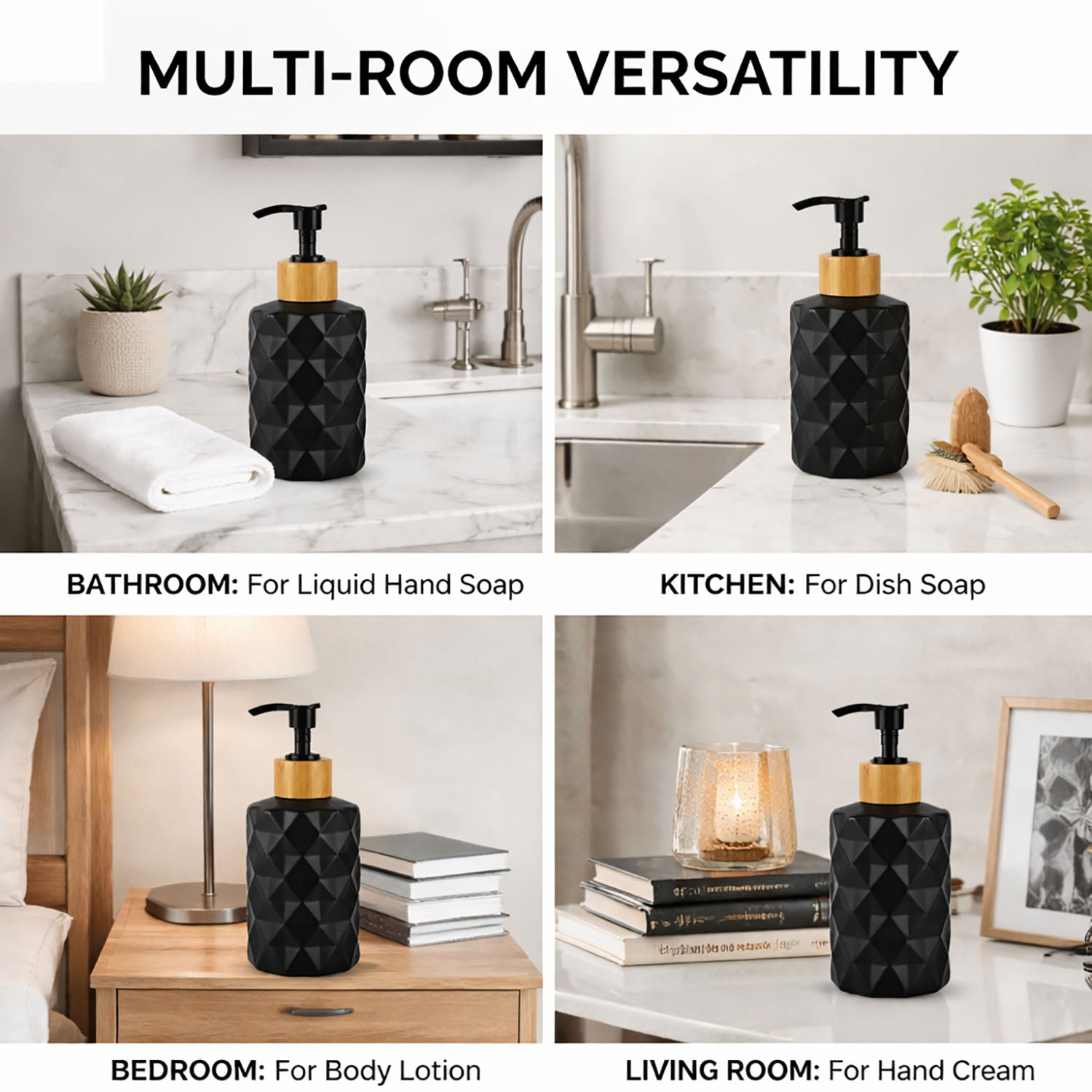 Faceted Pattern Glass Soap Dispenser For Bathroom And Kitchen Sink ( 17.5x7.5 cm Black )