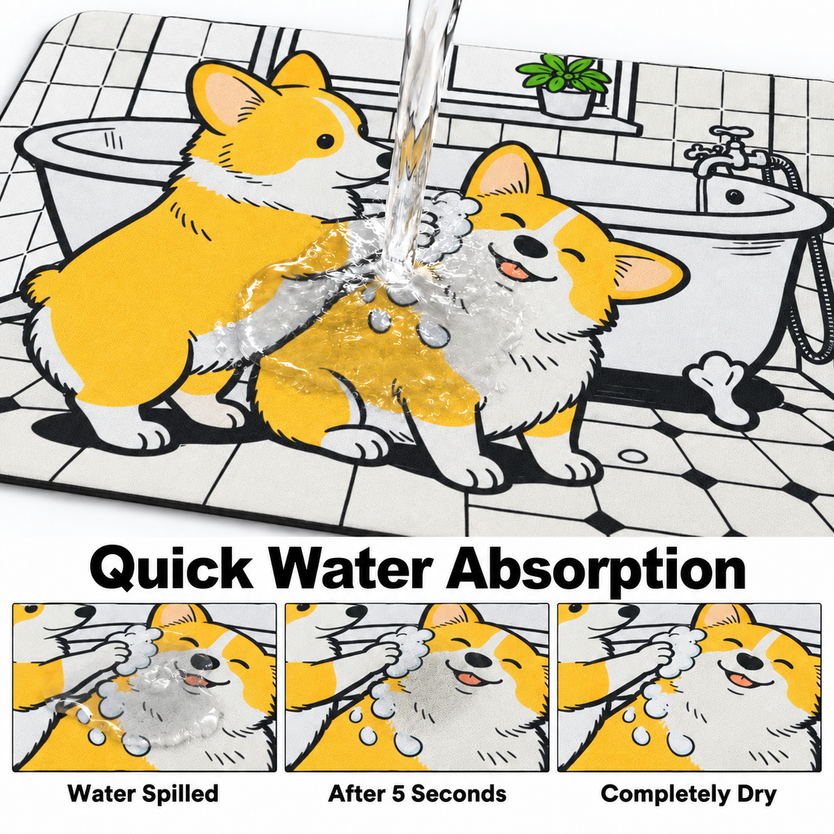 Rubber Bath Mat Anti Slip Quick Drying Soft Corgi Spa ( White & Yellow, 40x60 cm )