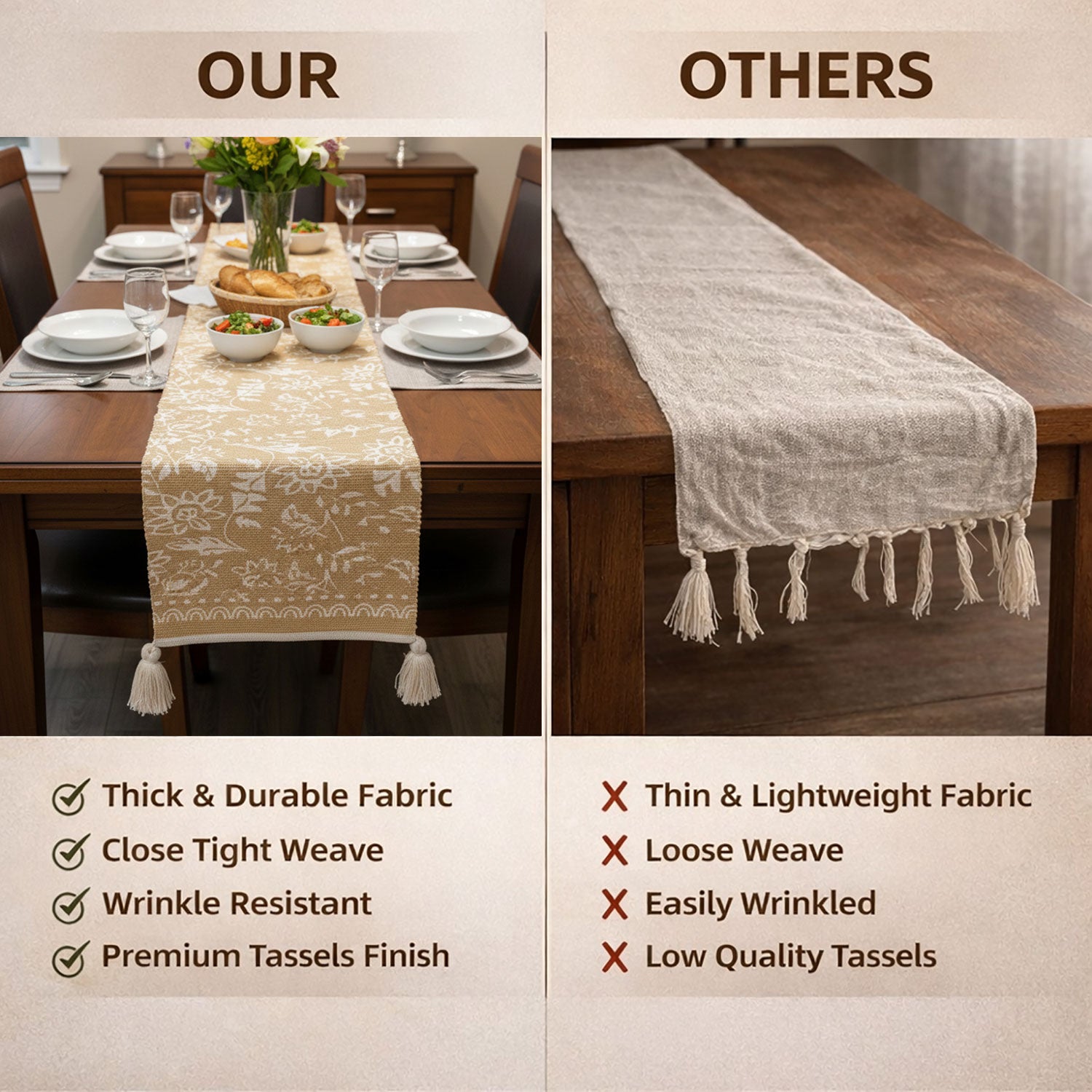 Table Runner with Tassels - Cotton 13.5 x 79.5 Inch, Floral