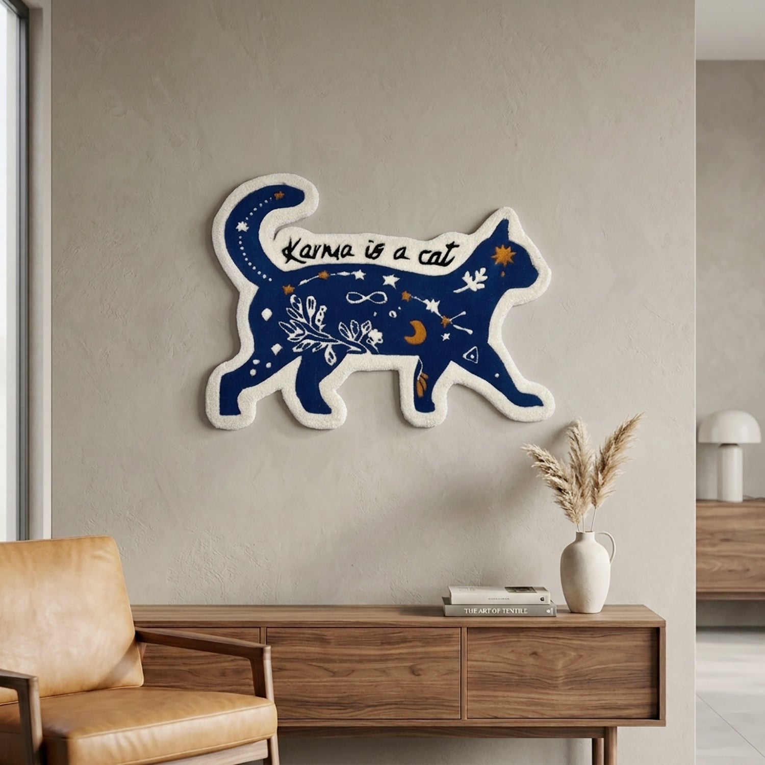 Tufted Wool Wall Hanging Cat-Shaped Celestial Motif Decor Room Mat For Living Room And Bedroom 80x60 CM