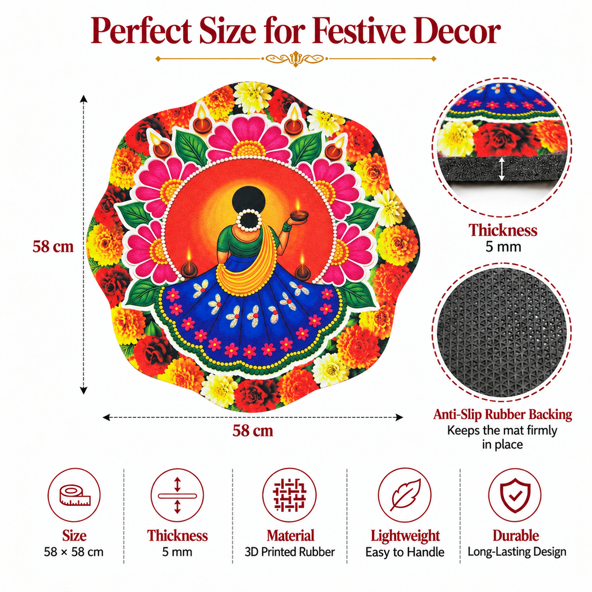 3D Rangoli Mats ( 58x58 cm, Blue )