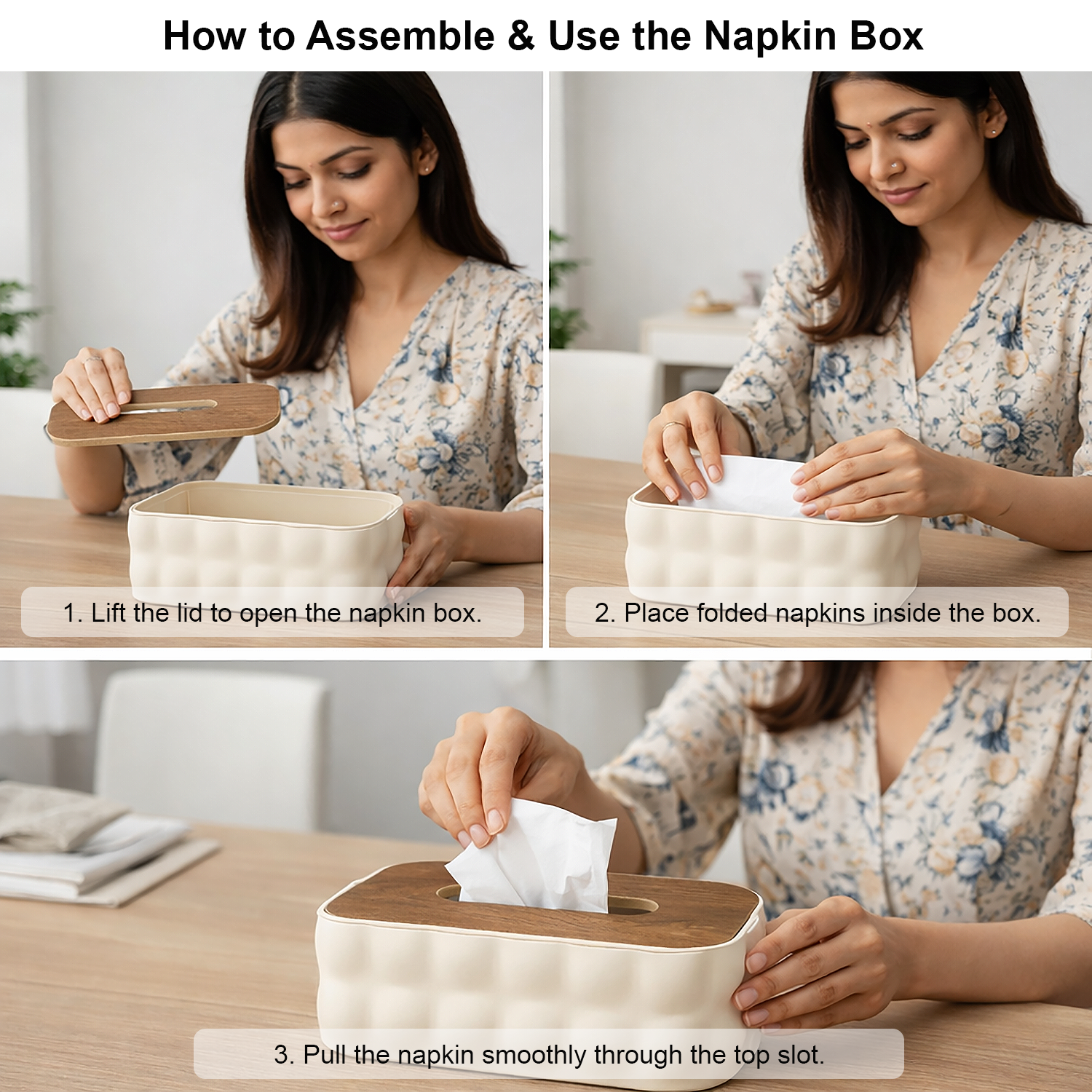 Plastic Tissue Dispenser with Wooden Grain Lid  (White, 21x13x9 cm)