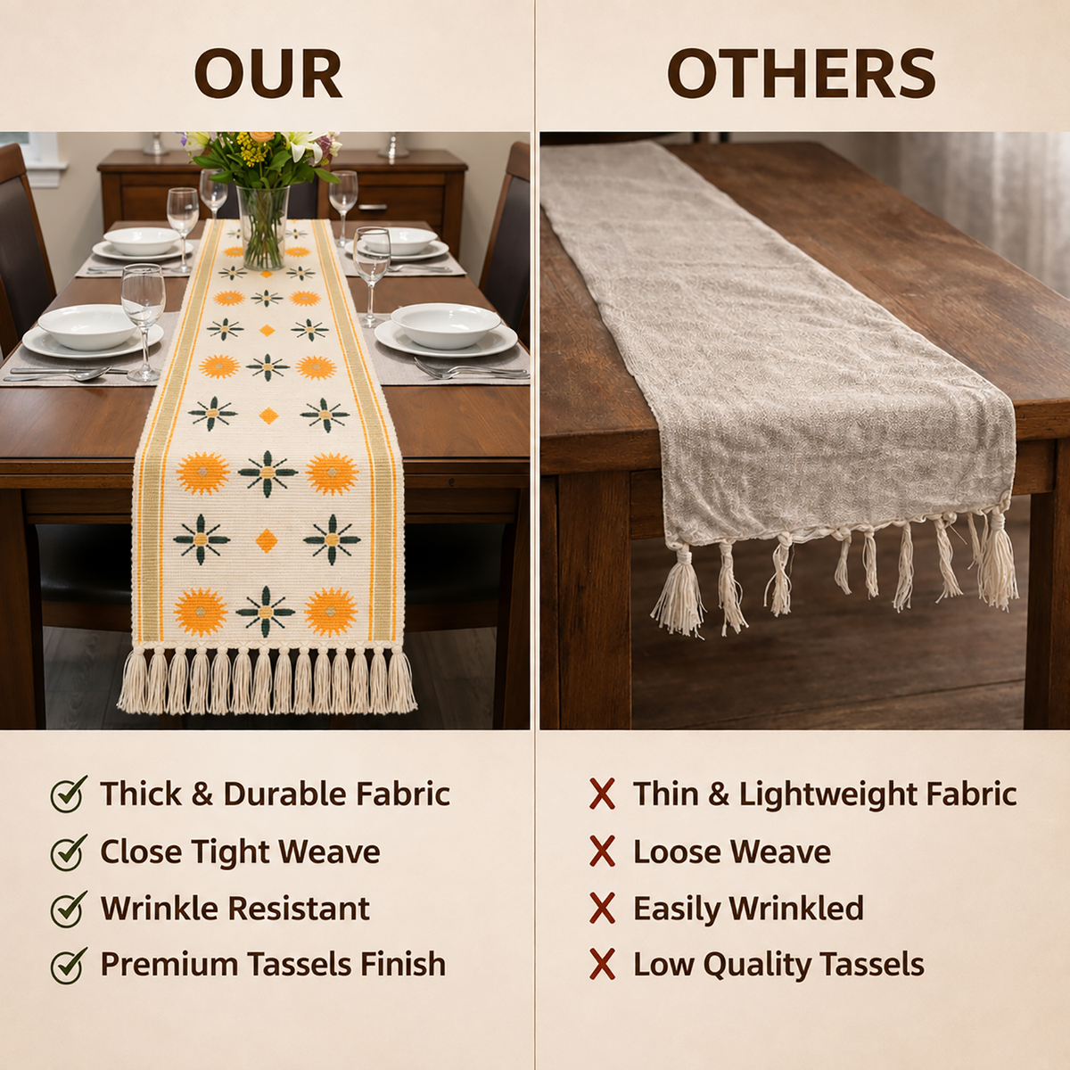 Table Runner with Tassels - Cotton 13.5 x 51 Inch, Sunburst Flower