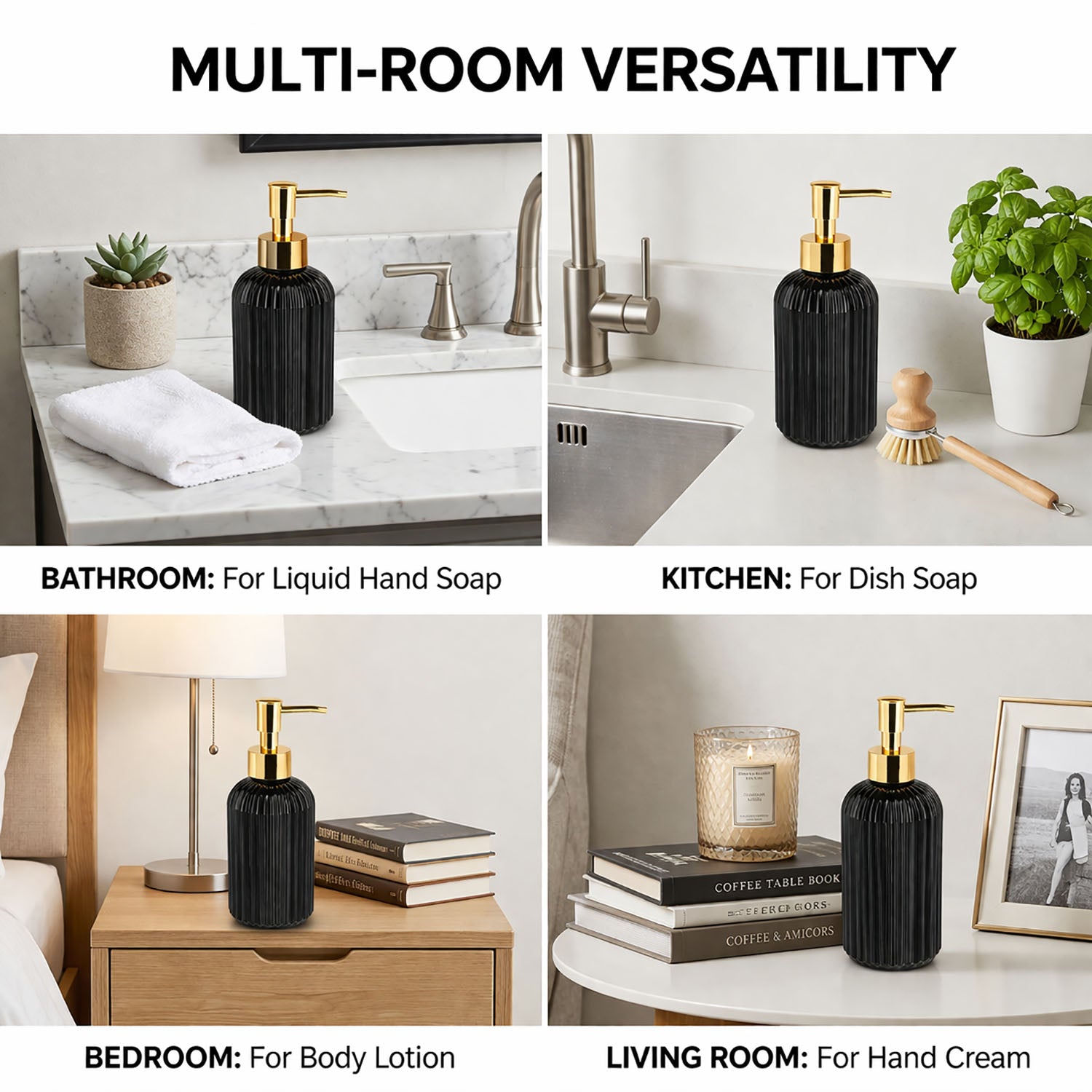 Vertical Ribber Pattern Glass Soap Dispenser For Bathroom And Kitchen Sink ( 19.5x7.5 cm Black )