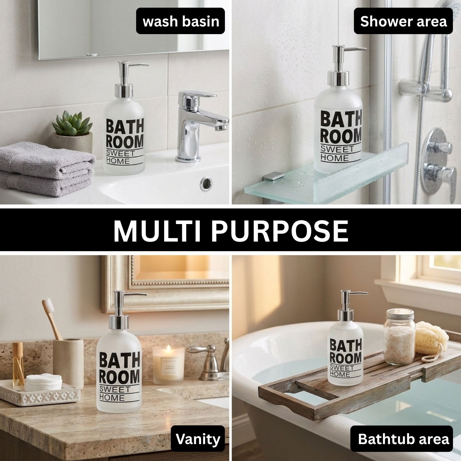 Bathroom Sweet Home Print Glass Soap Dispenser For Bathroom And Kitchen Sink ( 19.5x7.5 cm White )