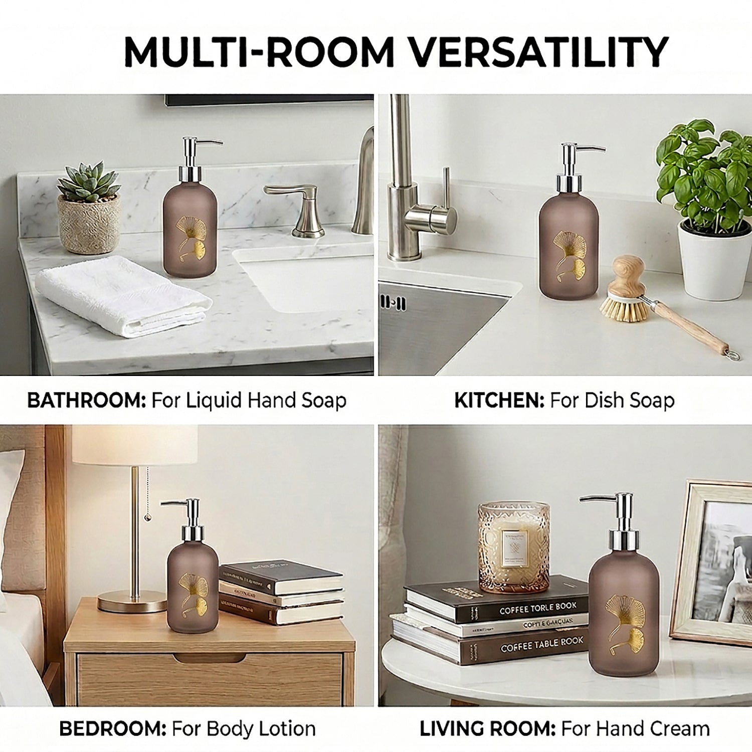 Flower Print Glass Soap Dispenser For Bathroom And Kitchen Sink ( 19.5x7.5 cm Brown )