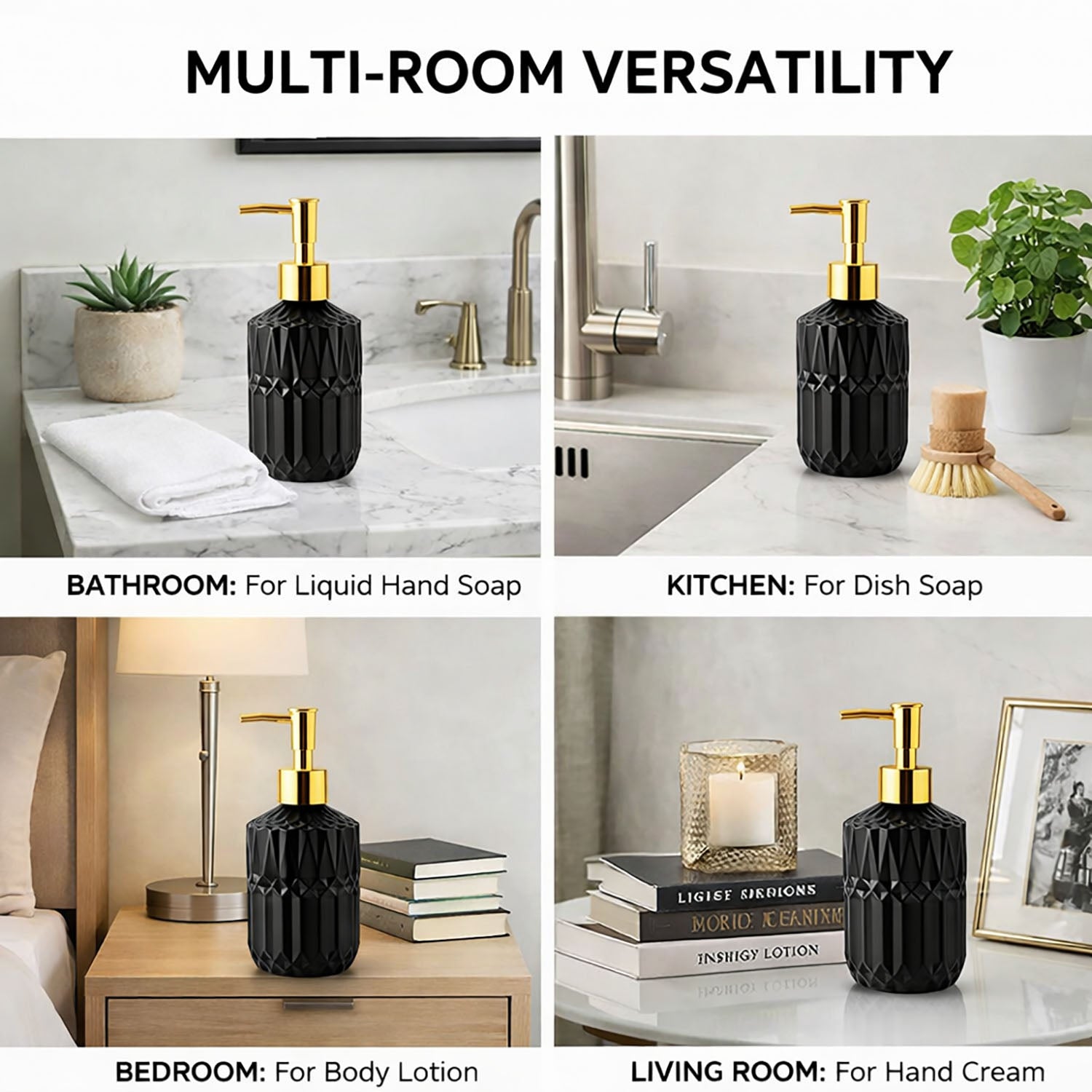 Geometric Texture Pattern Glass Soap Dispenser For Bathroom And Kitchen Sink ( 19x7.5 cm Black )