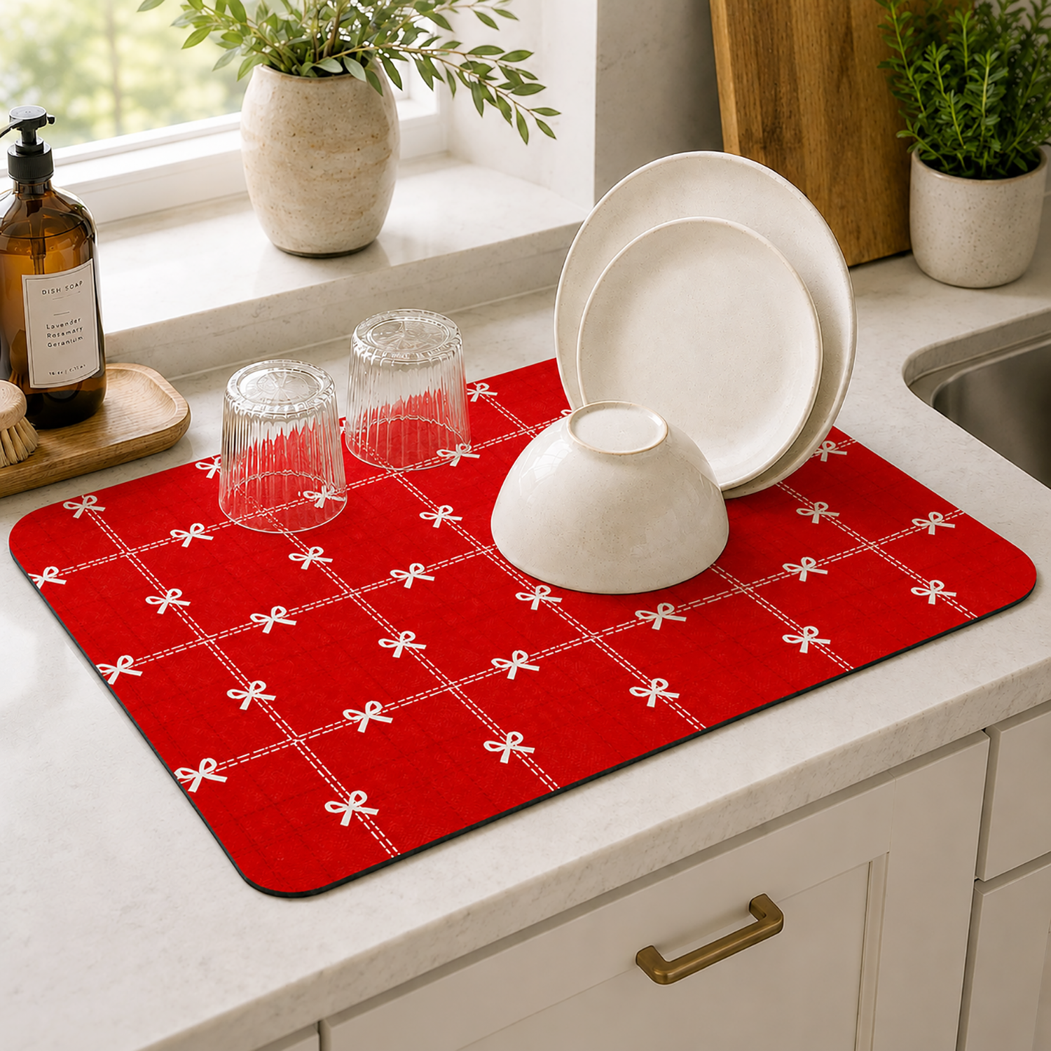 Kitchen Dish Drying Mat | Red Ribbon Grid Print | 35x55 cm