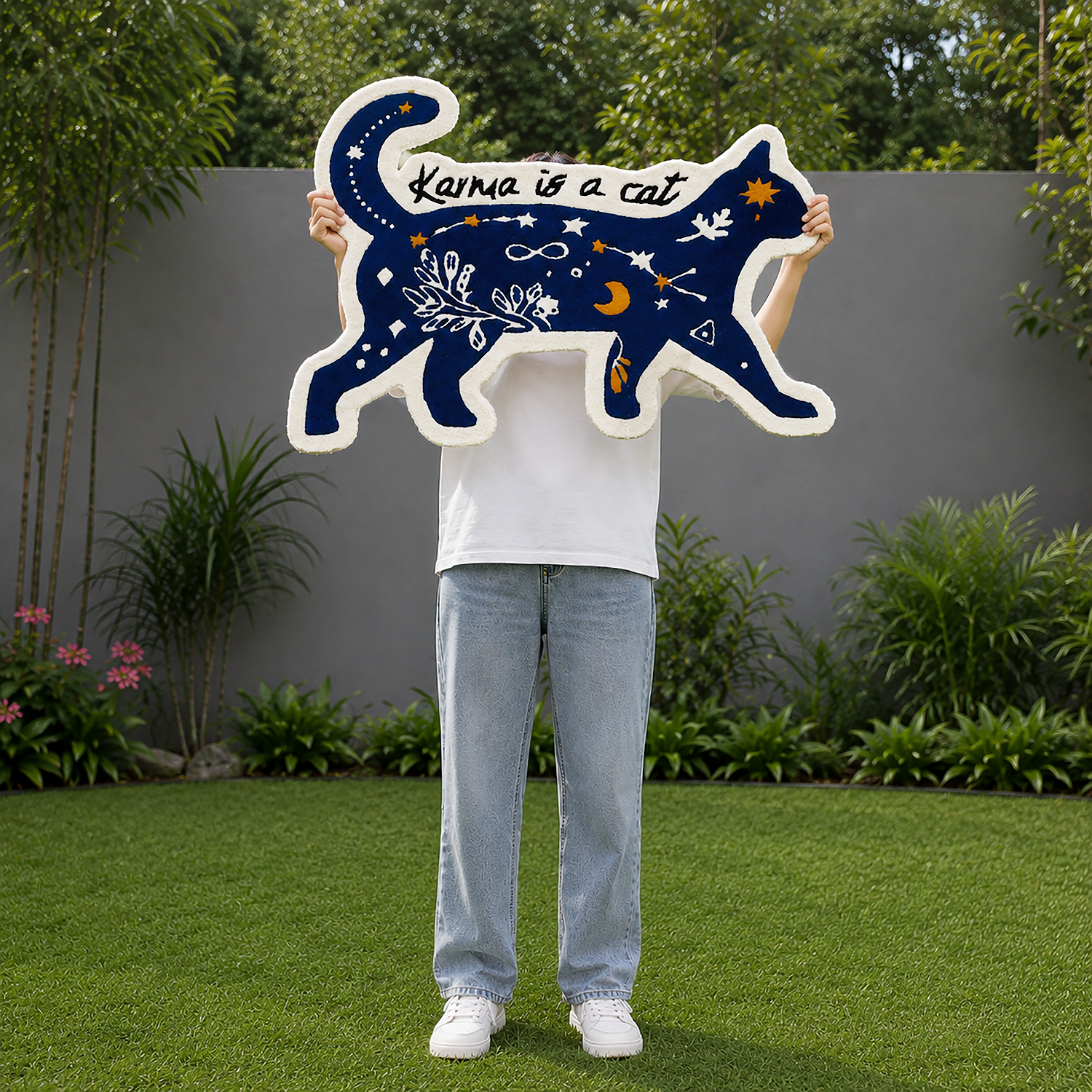 Tufted Wool Wall Hanging Cat-Shaped Celestial Motif Decor Room Mat For Living Room And Bedroom 80x60 CM