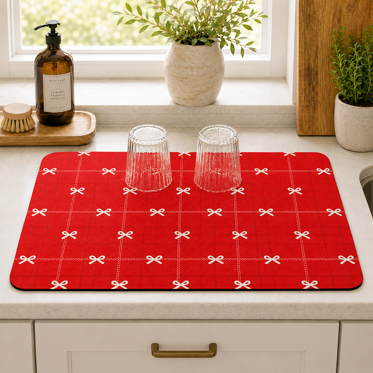 Kitchen Dish Drying Mat | Red Ribbon Grid Print | 35x55 cm